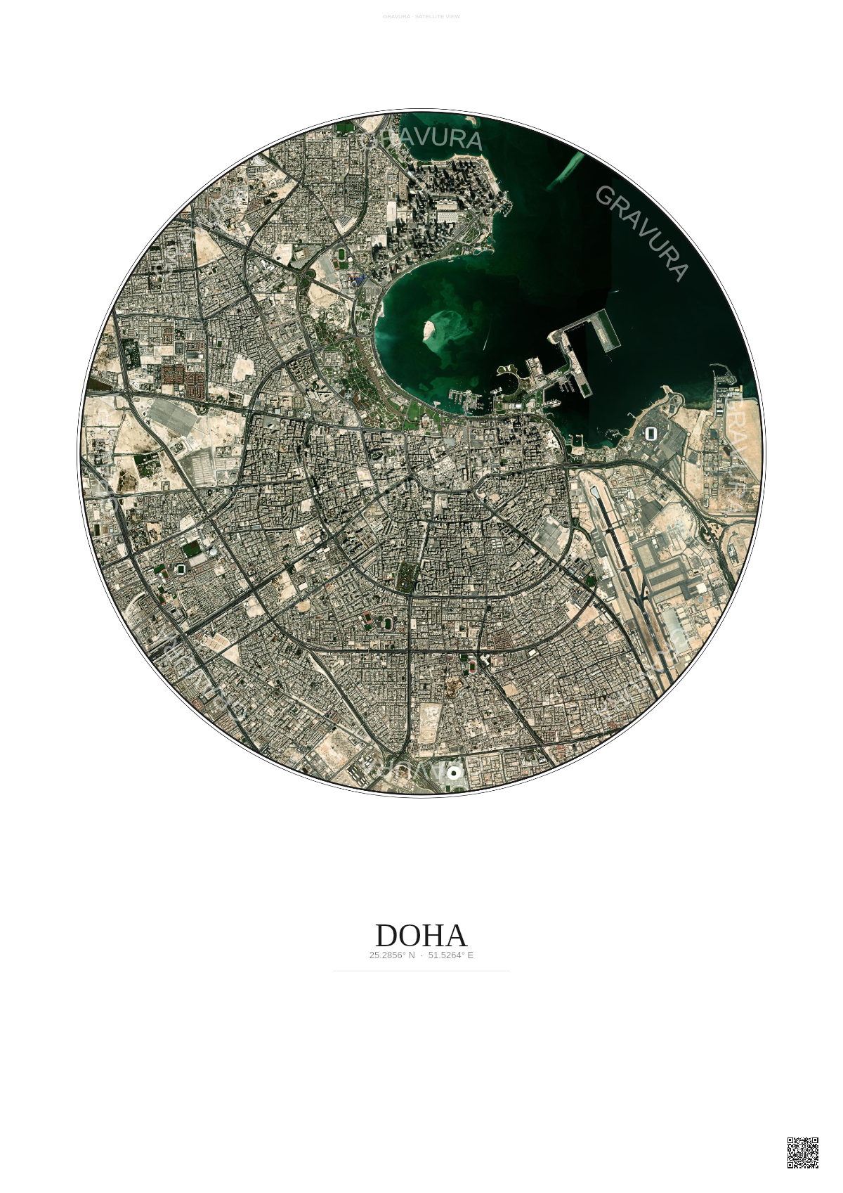 Affiche Doha – Poster vue satellite | Gravura – Fond clair