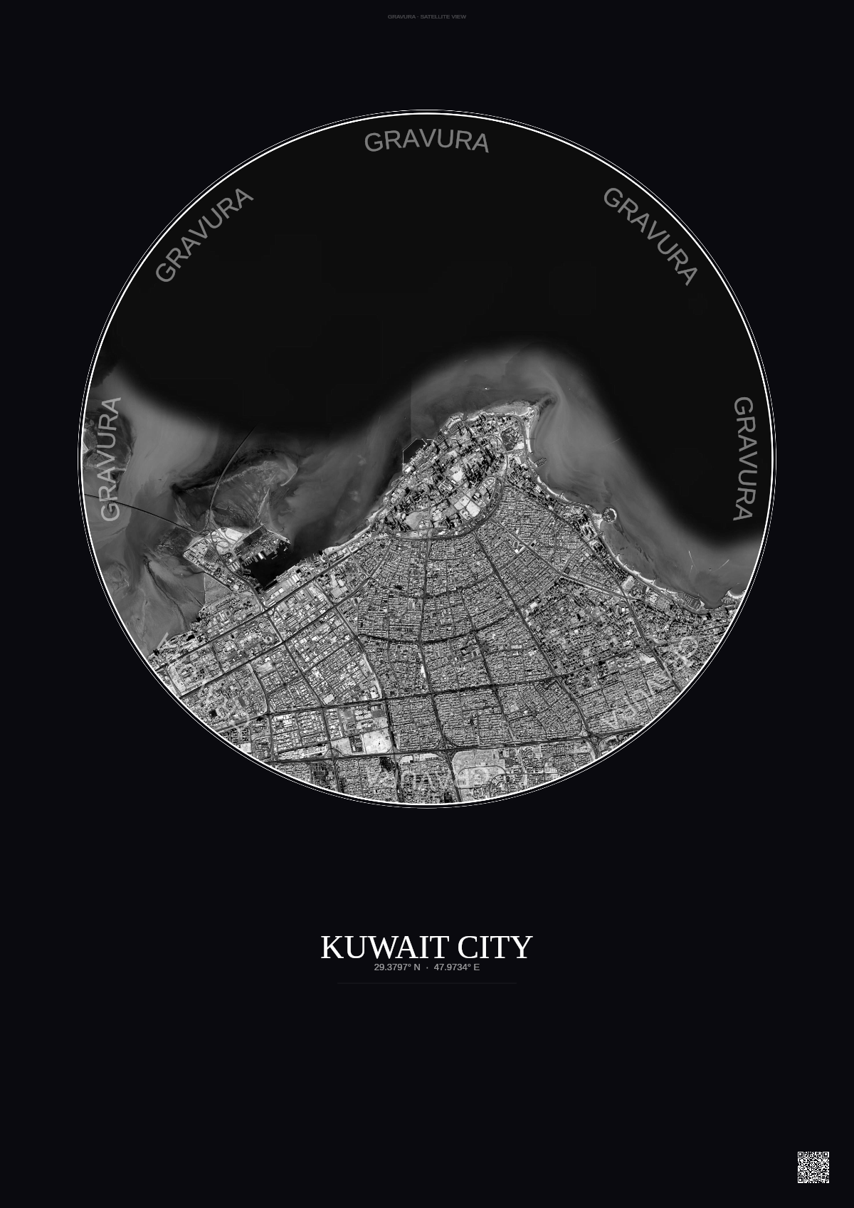 Affiche Kuwait City – Poster vue satellite | Gravura – Fond foncé
