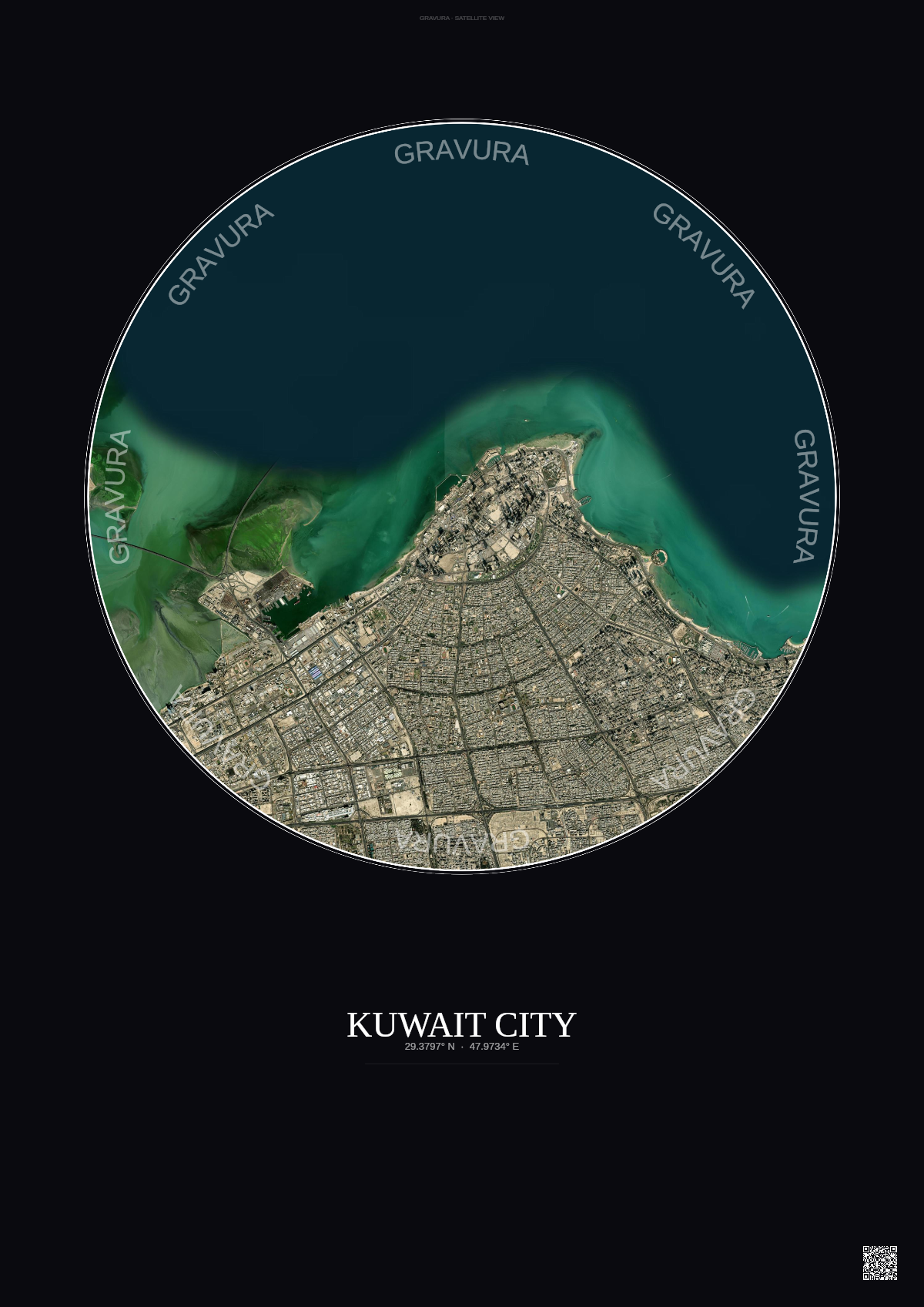 Affiche Kuwait City – Poster vue satellite | Gravura – Fond foncé