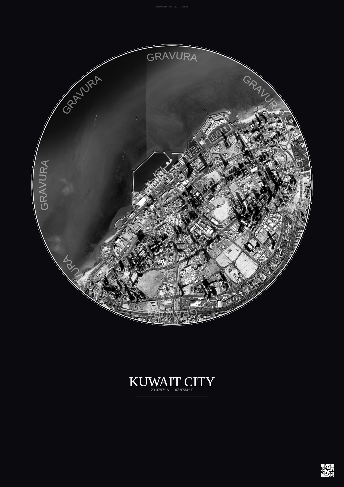 Affiche Kuwait City – Poster vue satellite | Gravura – Fond foncé
