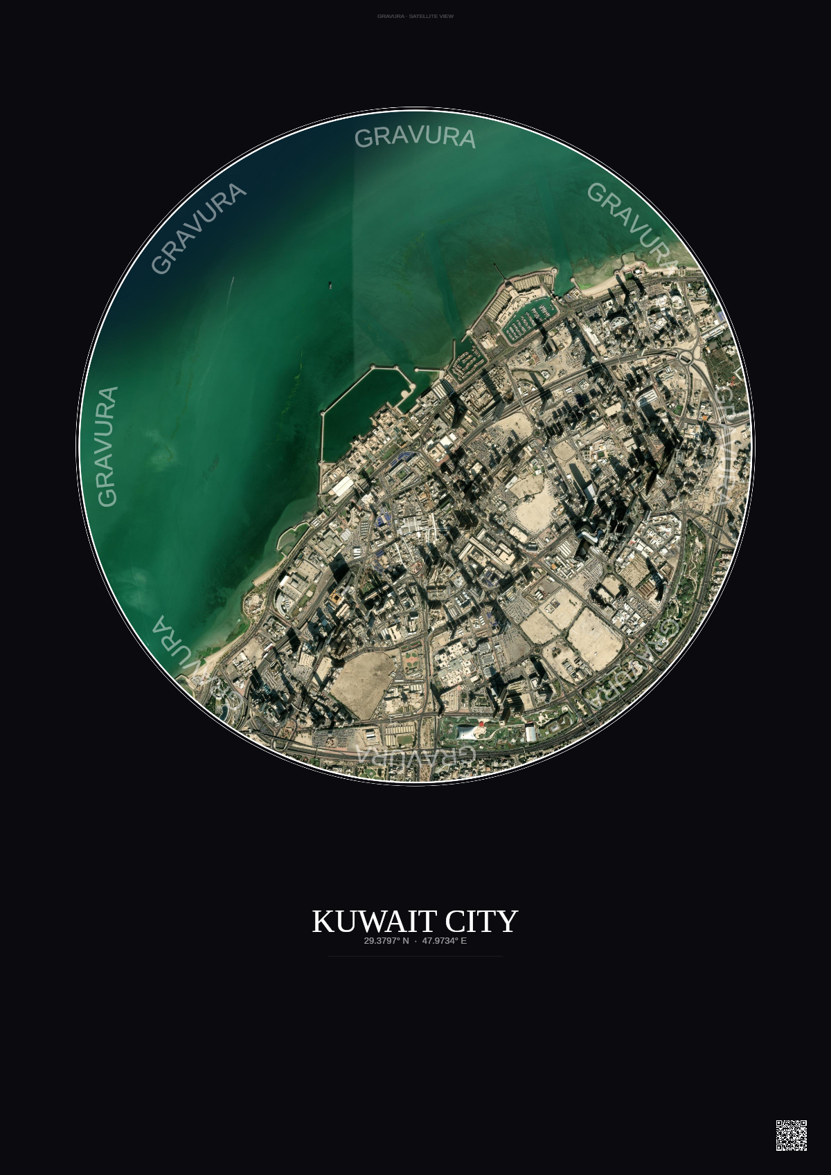 Affiche Kuwait City – Poster vue satellite | Gravura – Fond foncé