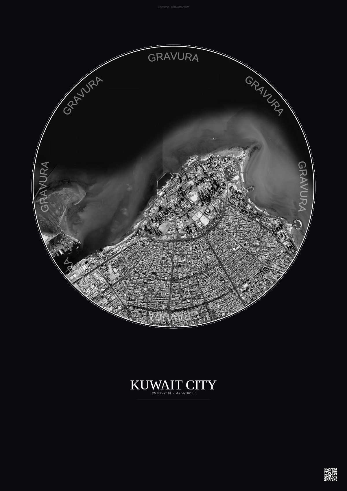 Affiche Kuwait City – Poster vue satellite | Gravura – Fond foncé