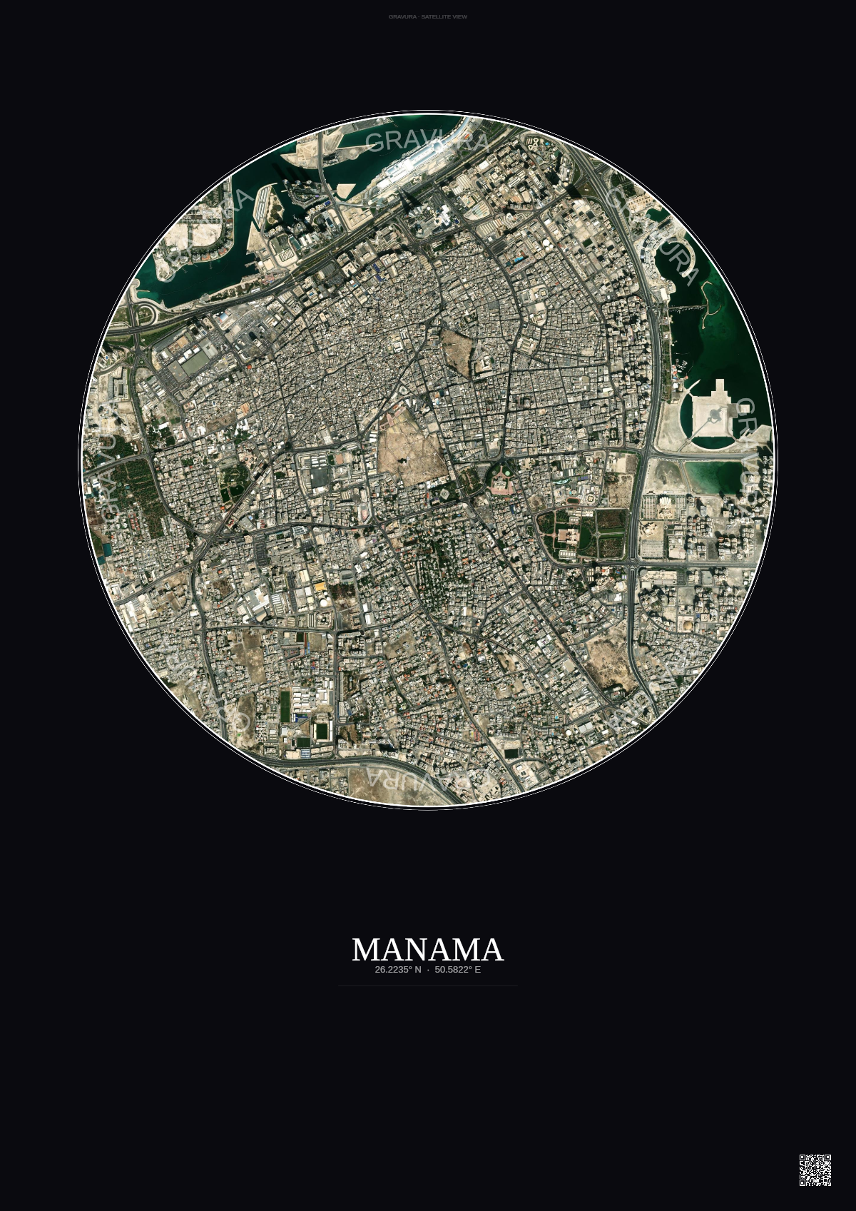 Affiche Manama – Poster vue satellite | Gravura – Fond foncé