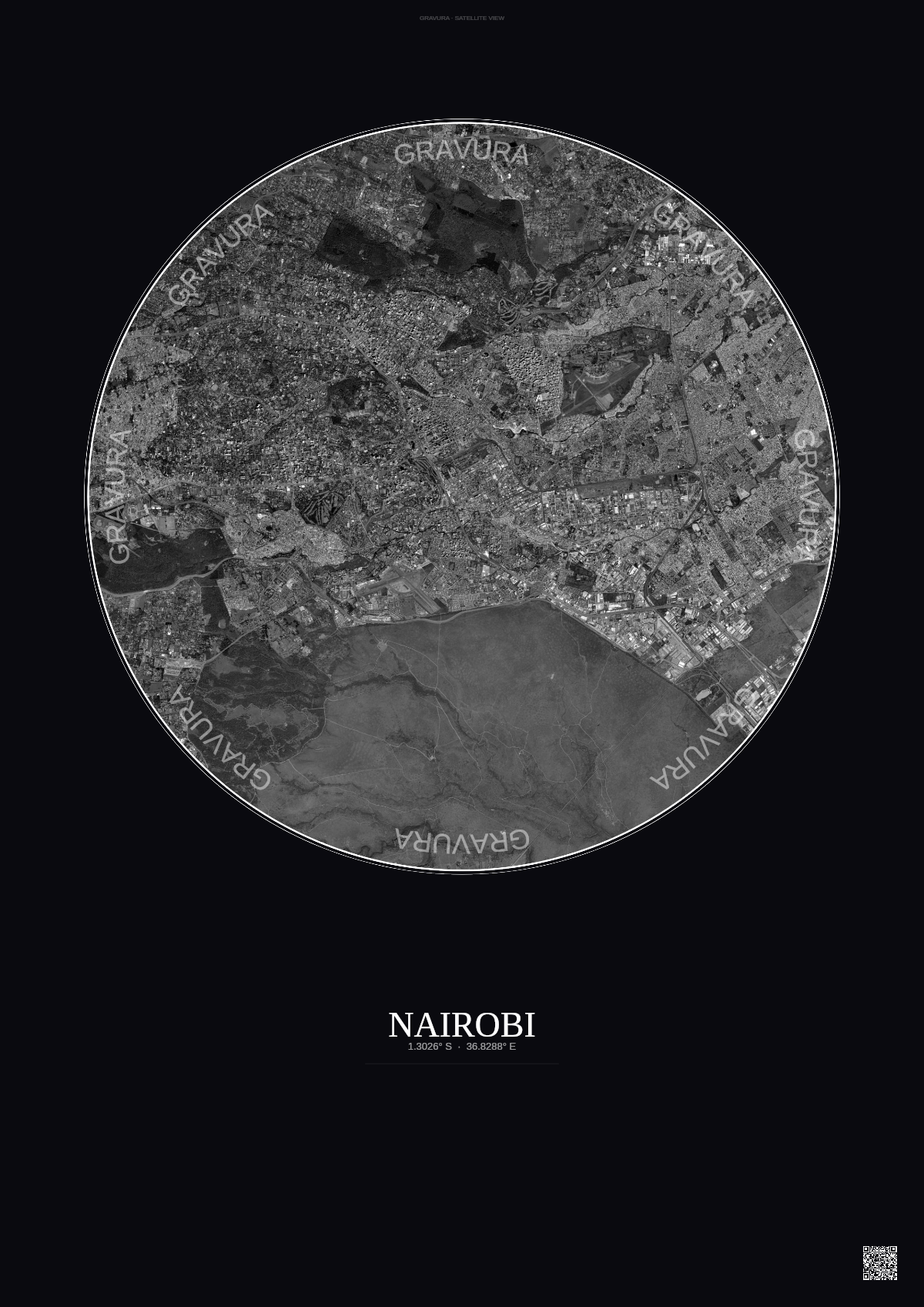 Affiche Nairobi – Poster vue satellite | Gravura – Fond foncé