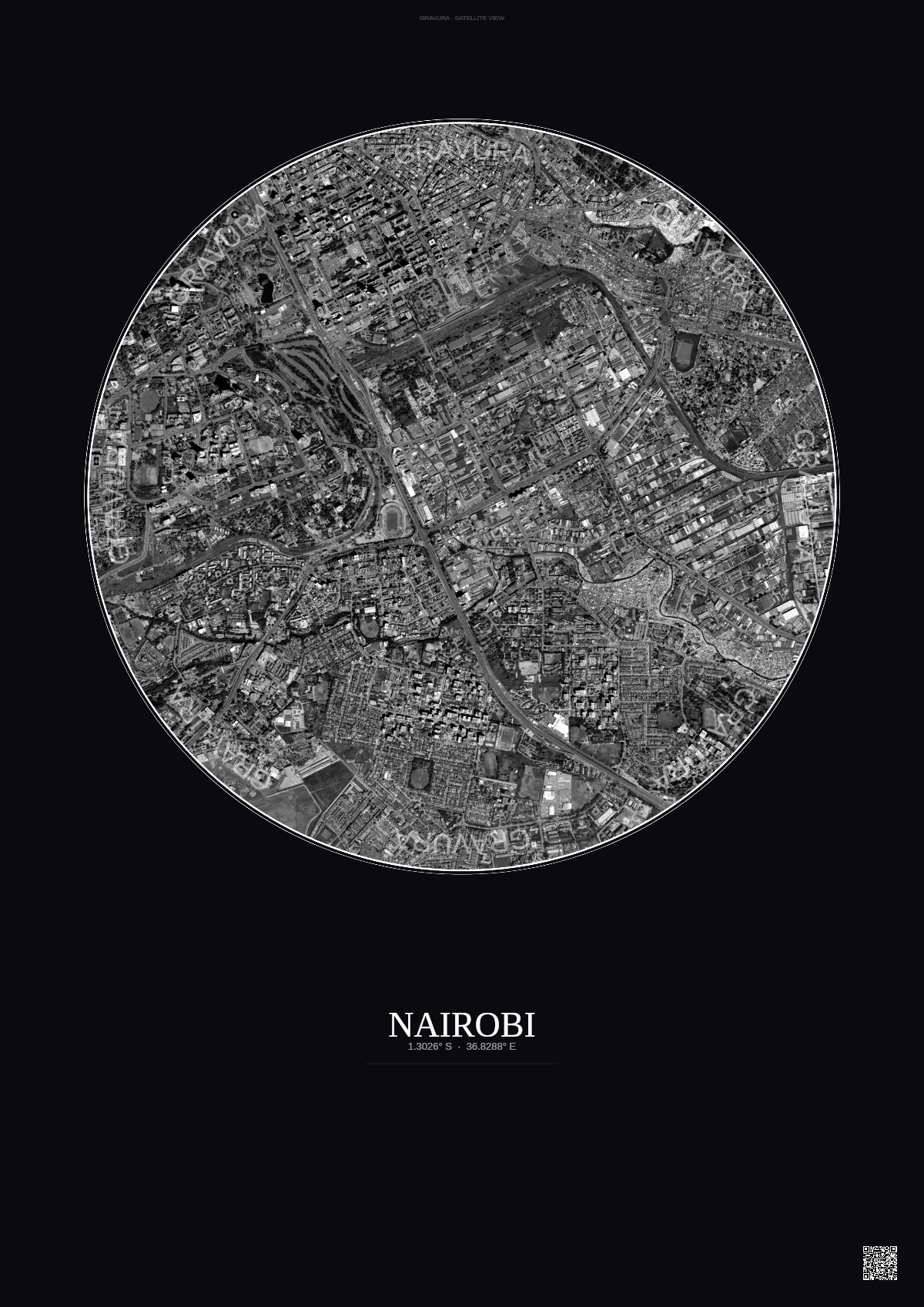 Affiche Nairobi – Poster vue satellite | Gravura – Fond foncé