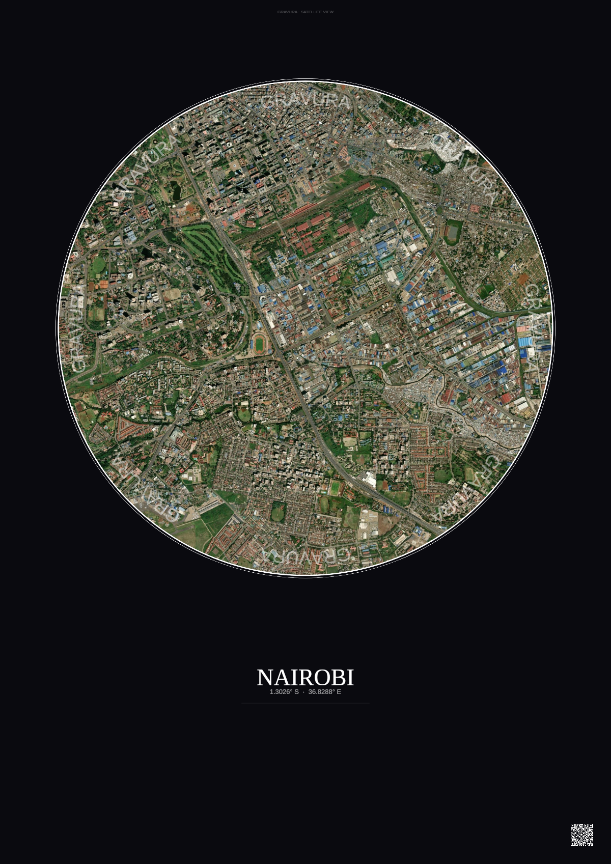 Affiche Nairobi – Poster vue satellite | Gravura – Fond foncé