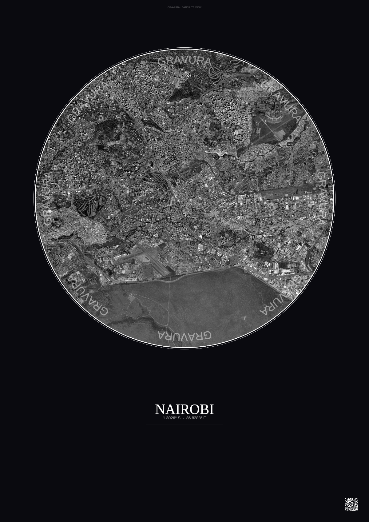 Affiche Nairobi – Poster vue satellite | Gravura – Fond foncé