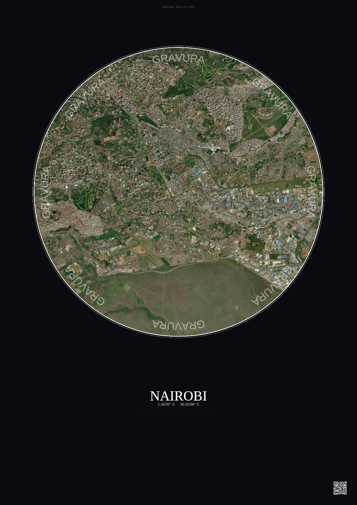 Affiche Nairobi – Poster vue satellite | Gravura – Fond foncé