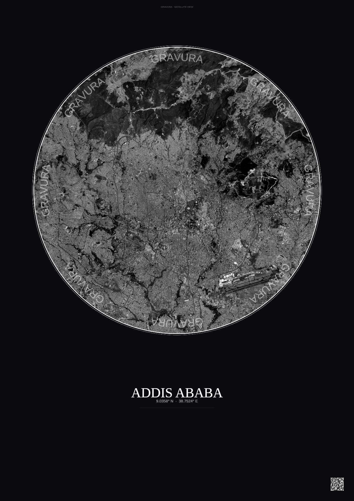 Affiche Addis Ababa – Poster vue satellite | Gravura – Fond foncé