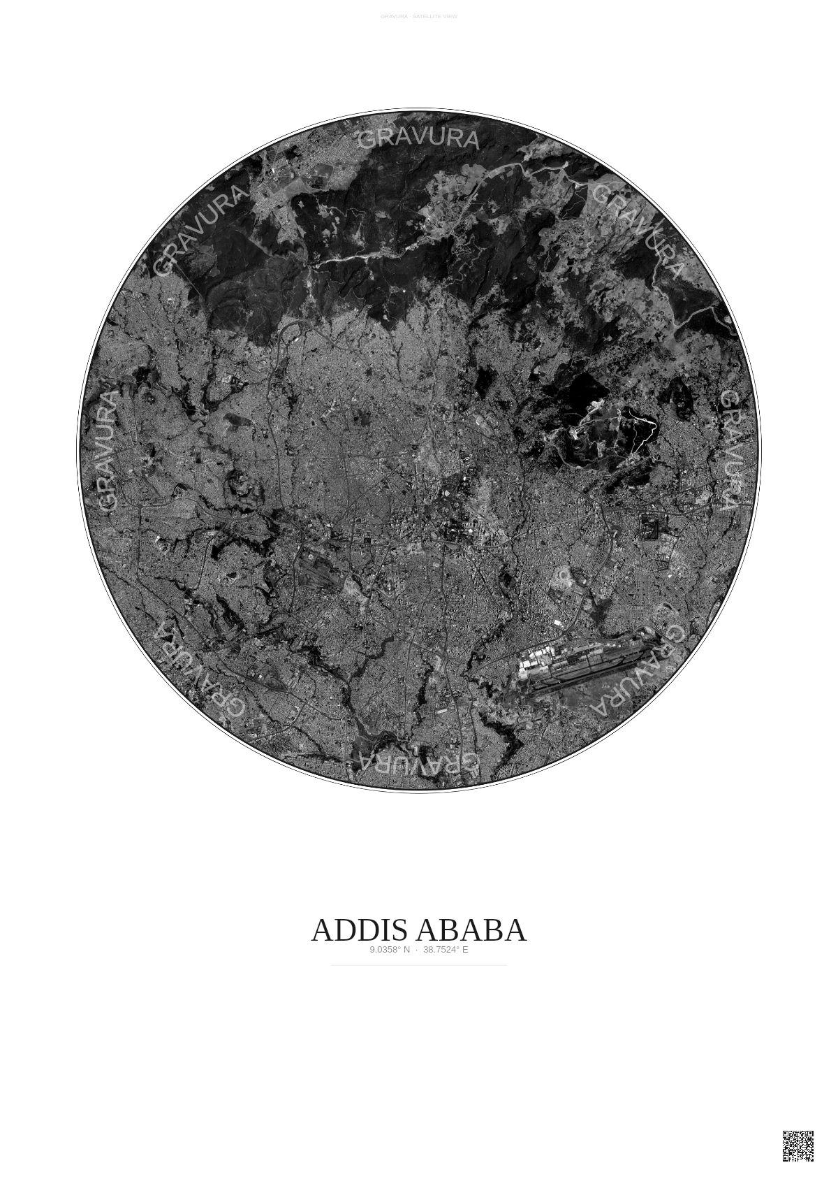 Affiche Addis Ababa – Poster vue satellite | Gravura – Fond clair