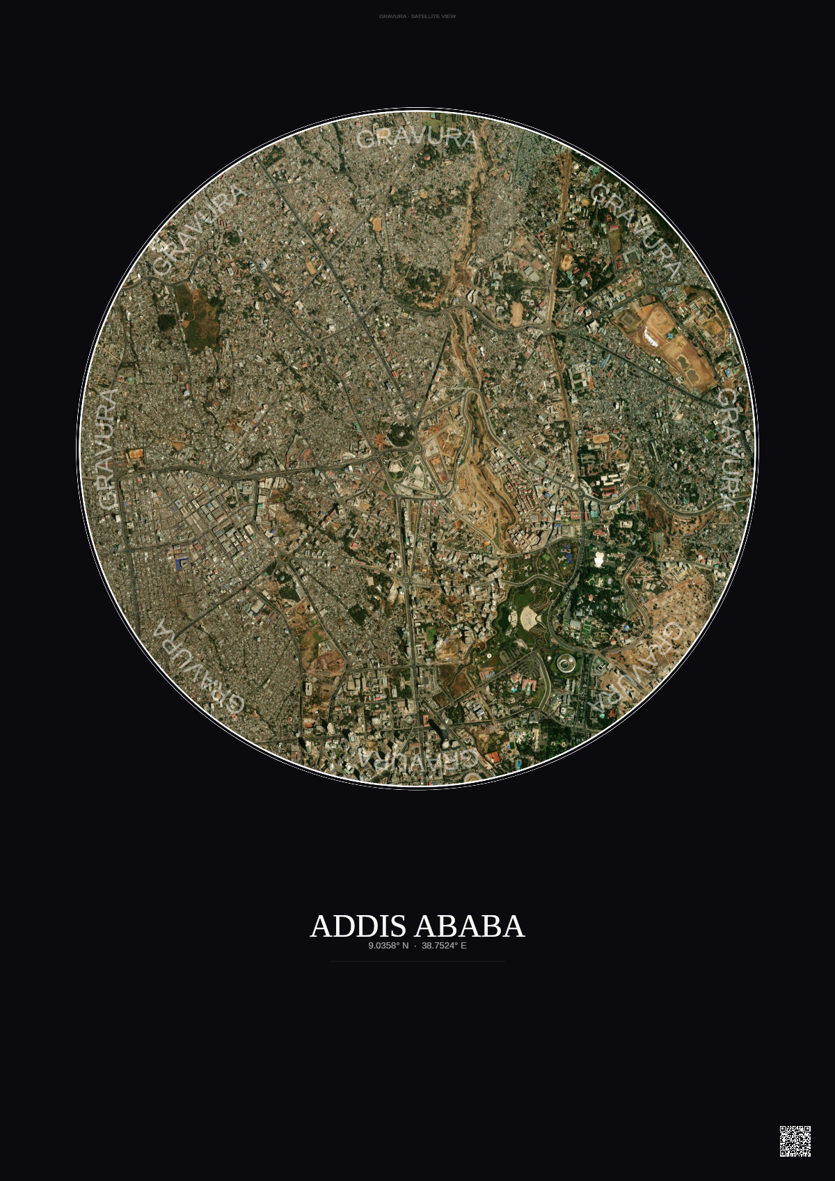 Affiche Addis Ababa – Poster vue satellite | Gravura – Fond foncé