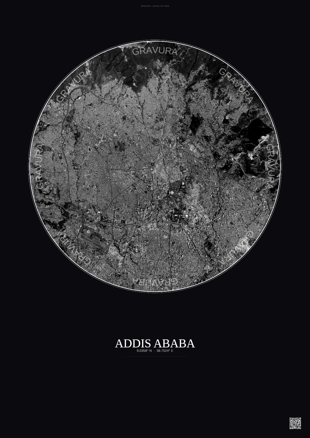 Affiche Addis Ababa – Poster vue satellite | Gravura – Fond foncé