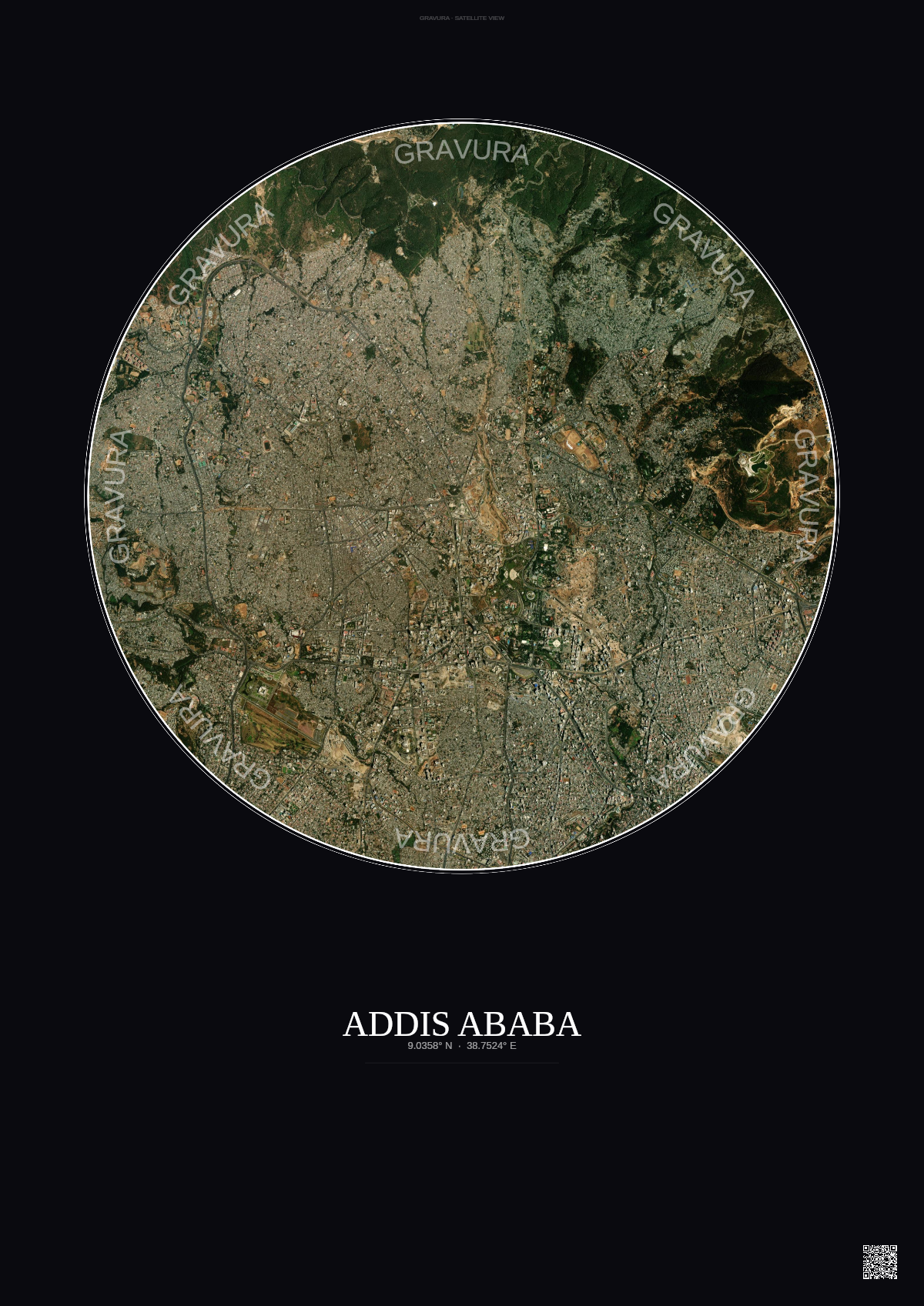 Affiche Addis Ababa – Poster vue satellite | Gravura – Fond foncé