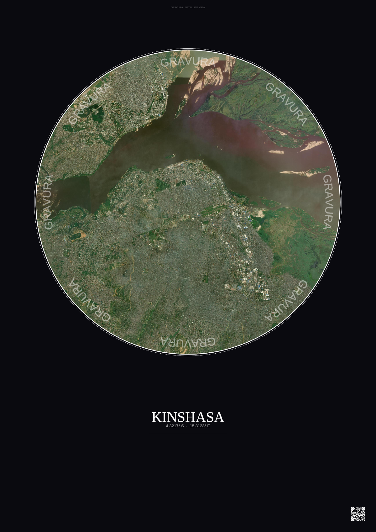Affiche Kinshasa – Poster vue satellite | Gravura – Fond foncé