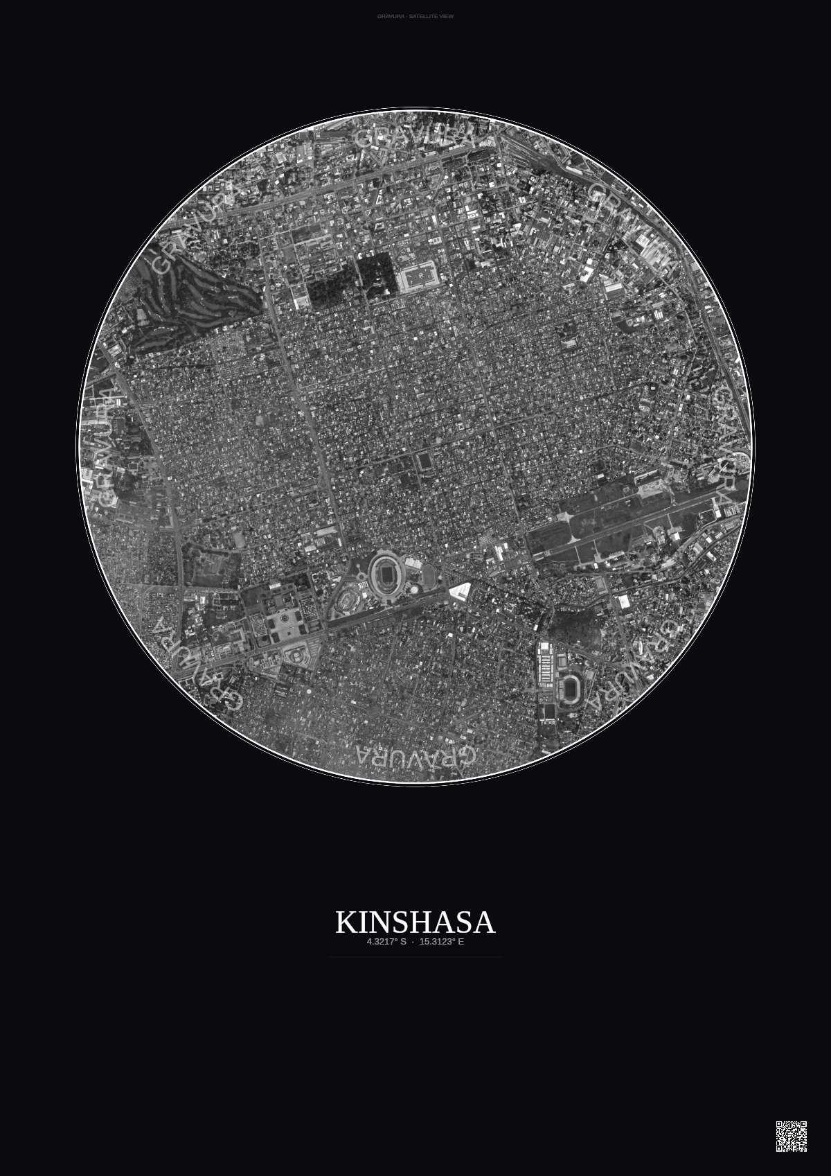 Affiche Kinshasa – Poster vue satellite | Gravura – Fond foncé
