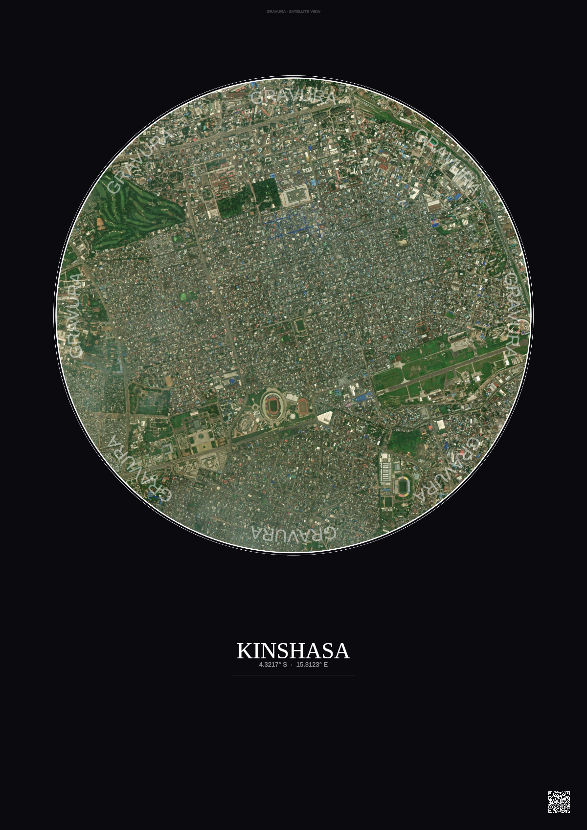 Affiche Kinshasa – Poster vue satellite | Gravura – Fond foncé