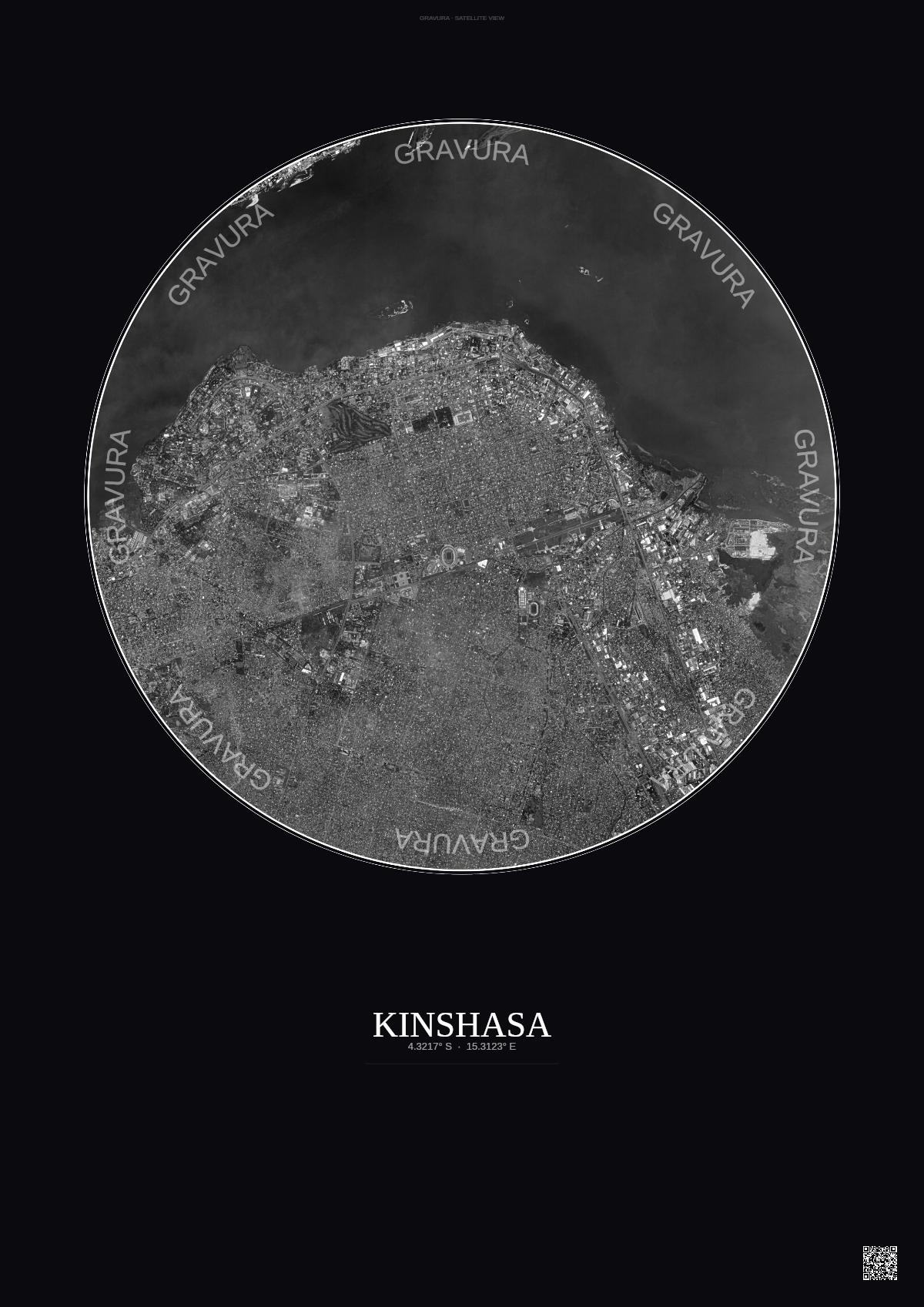 Affiche Kinshasa – Poster vue satellite | Gravura – Fond foncé