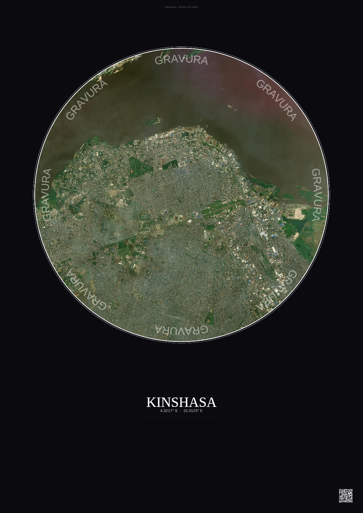 Affiche Kinshasa – Poster vue satellite | Gravura – Fond foncé