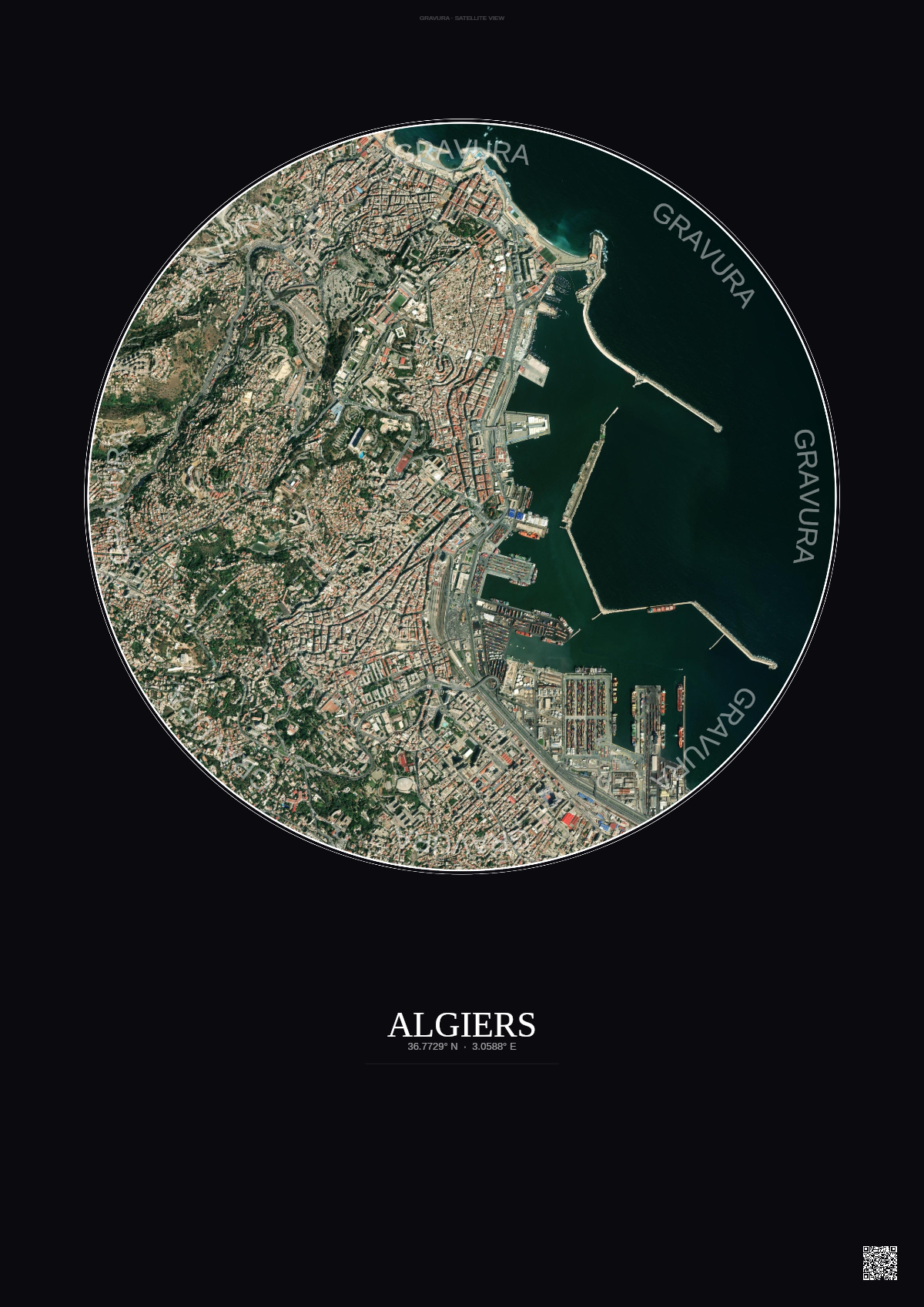 Affiche Algiers – Poster vue satellite | Gravura – Fond foncé