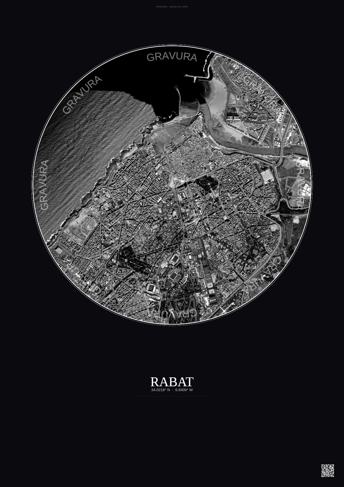 Affiche Rabat – Poster vue satellite | Gravura – Fond foncé