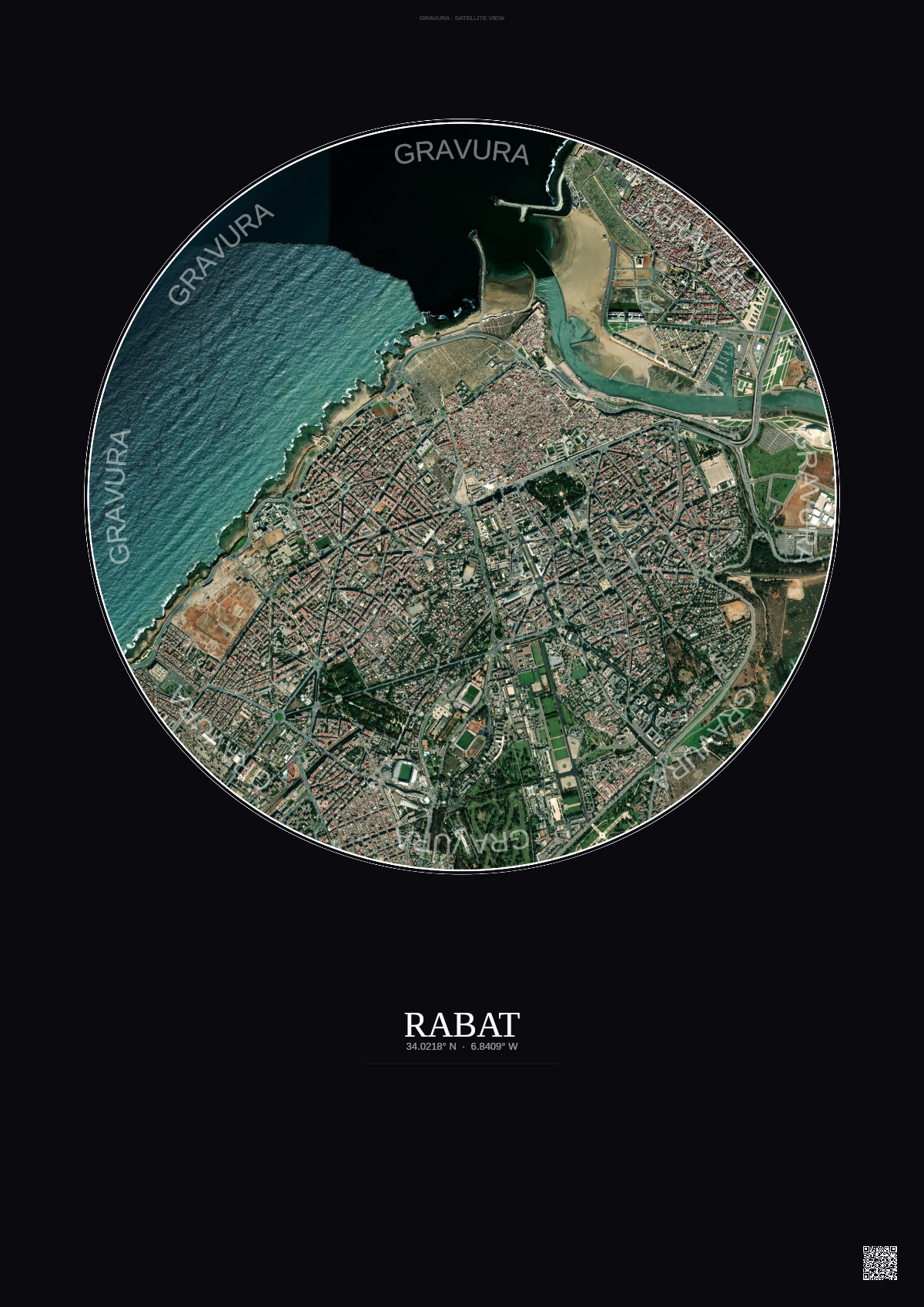 Affiche Rabat – Poster vue satellite | Gravura – Fond foncé