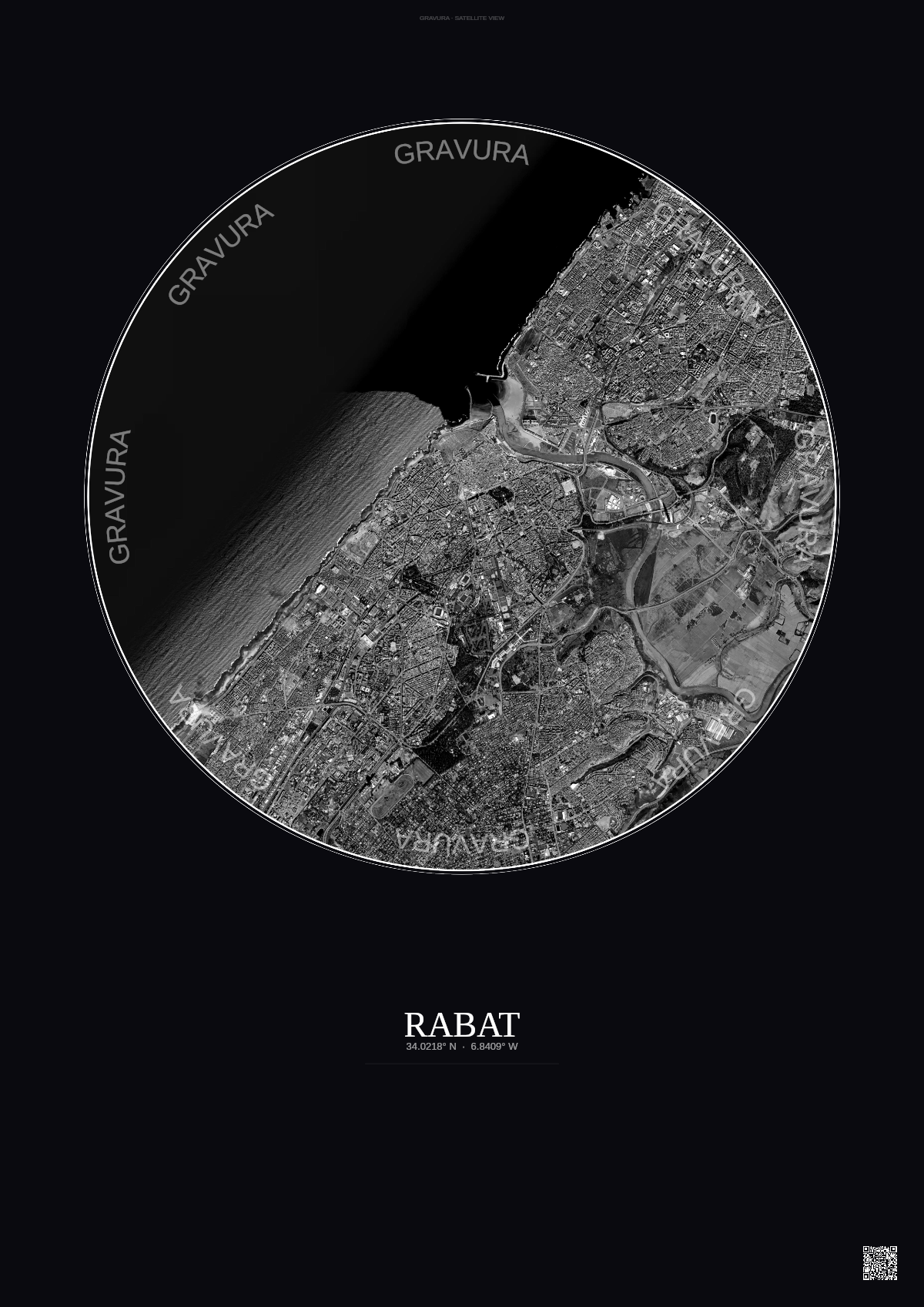Affiche Rabat – Poster vue satellite | Gravura – Fond foncé