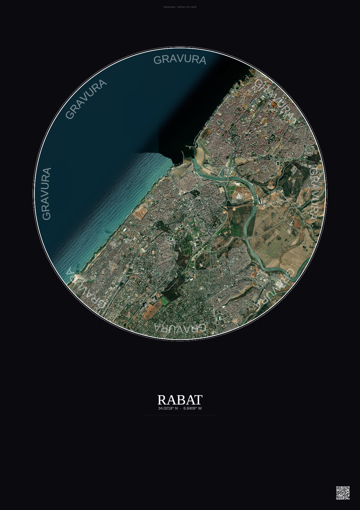 Affiche Rabat – Poster vue satellite | Gravura – Fond foncé