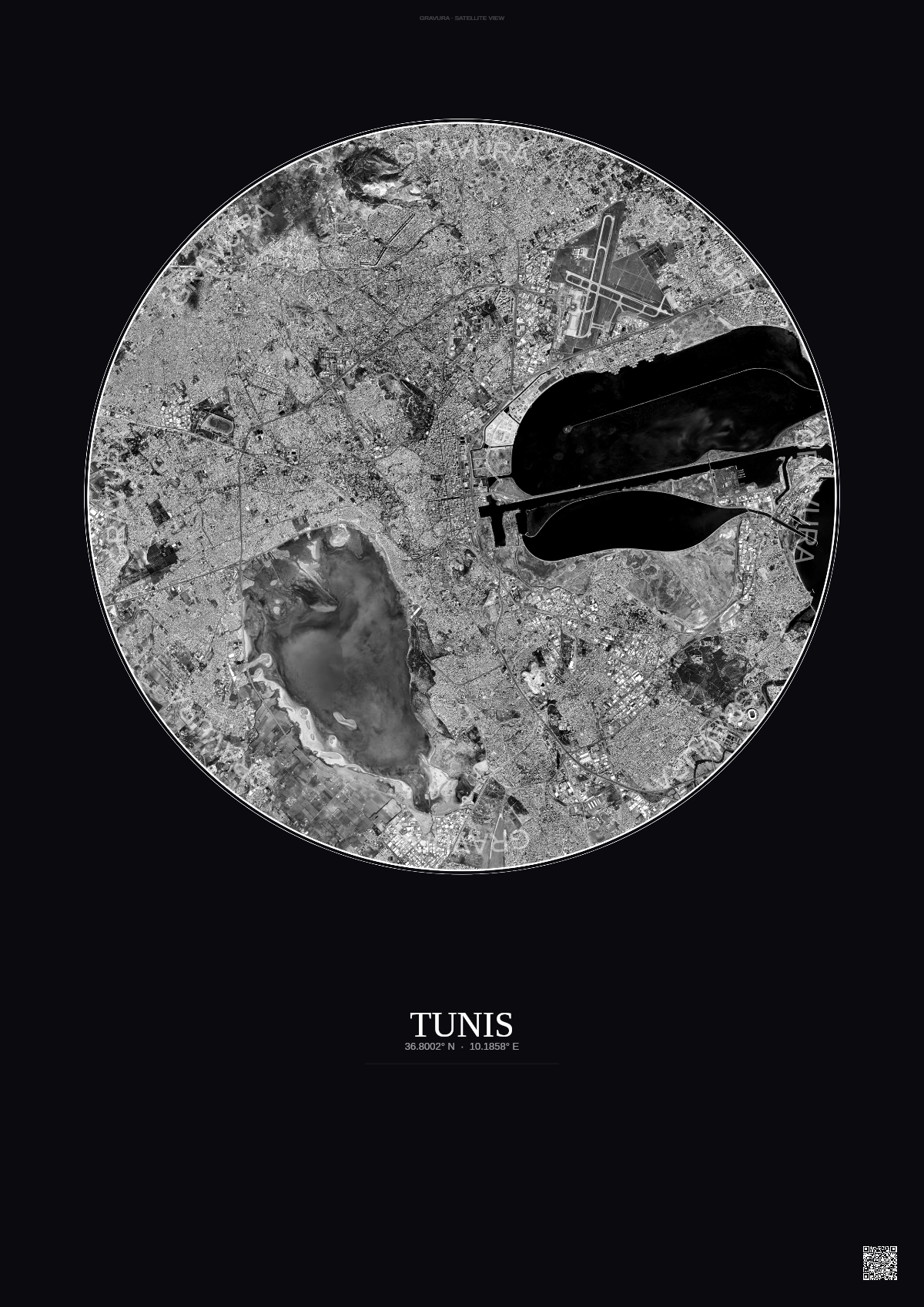 Affiche Tunis – Poster vue satellite | Gravura – Fond foncé