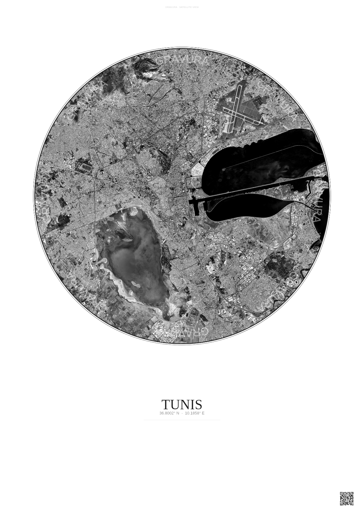 Affiche Tunis – Poster vue satellite | Gravura – Fond clair