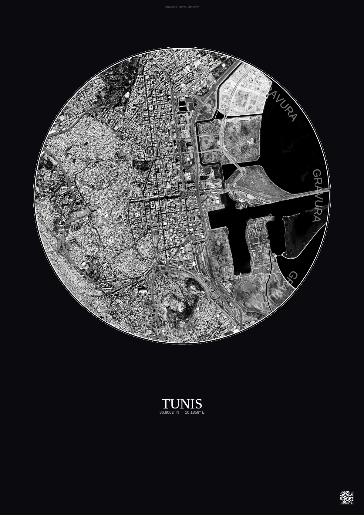 Affiche Tunis – Poster vue satellite | Gravura – Fond foncé