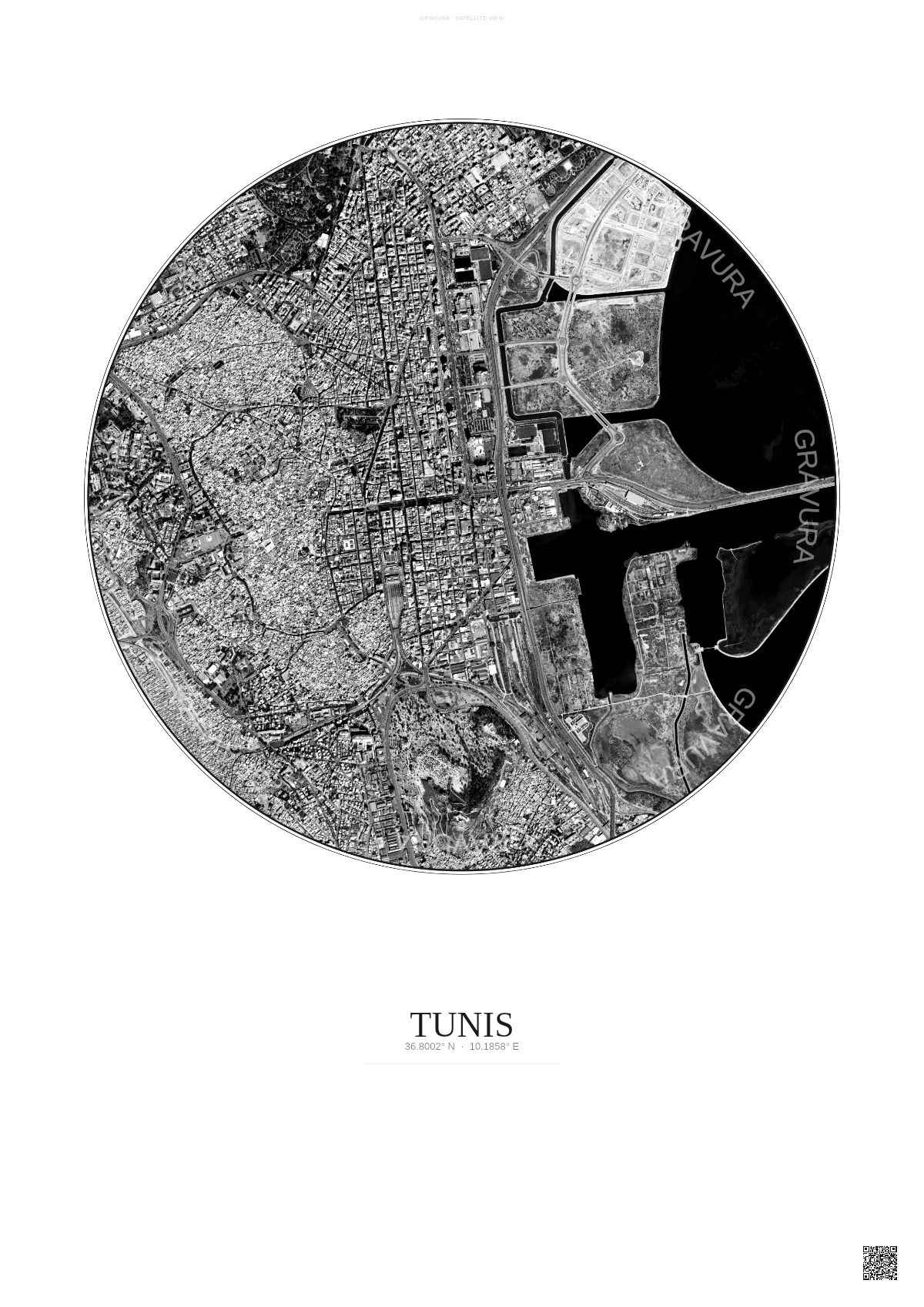 Affiche Tunis – Poster vue satellite | Gravura – Fond clair