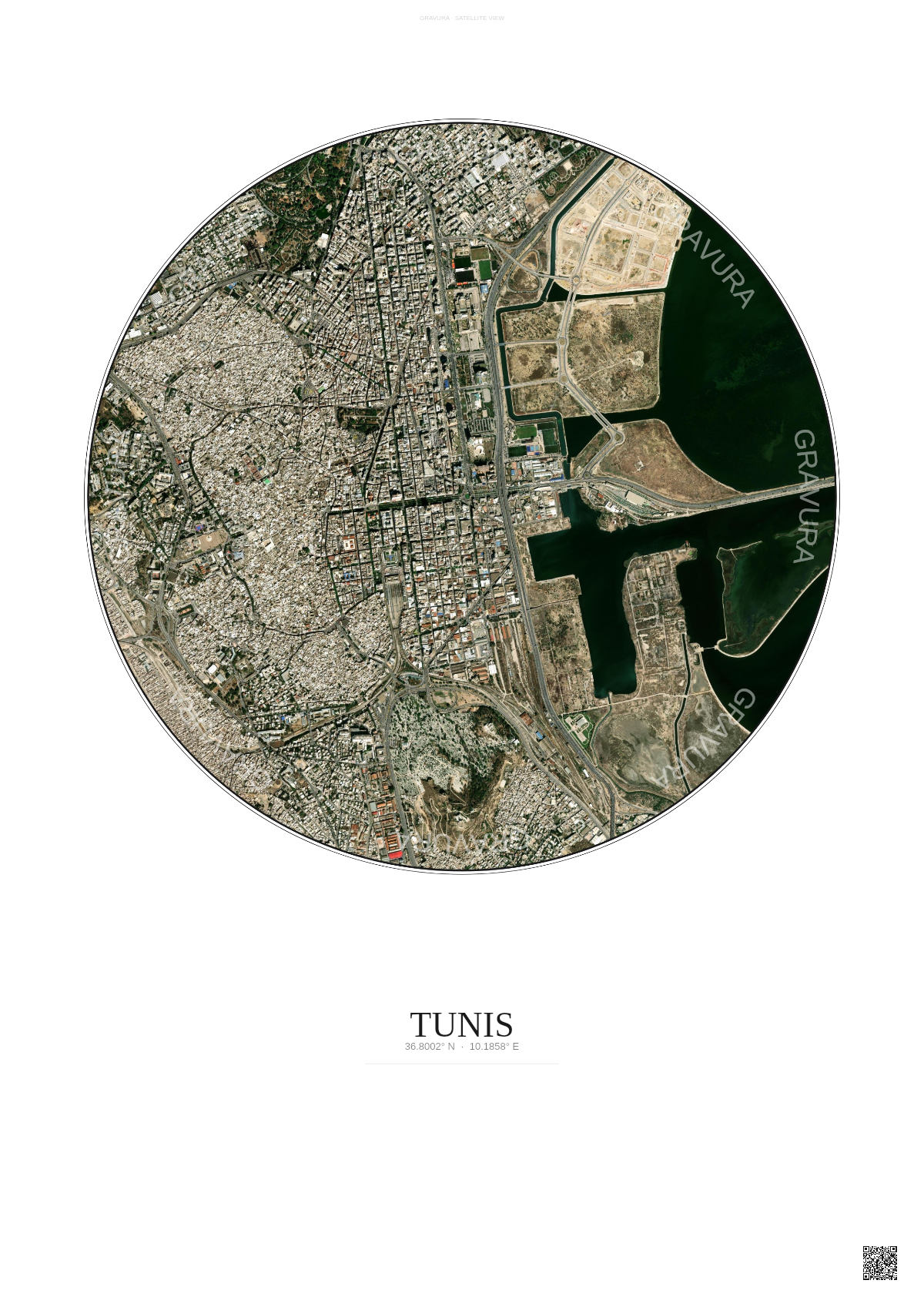 Affiche Tunis – Poster vue satellite | Gravura – Fond clair