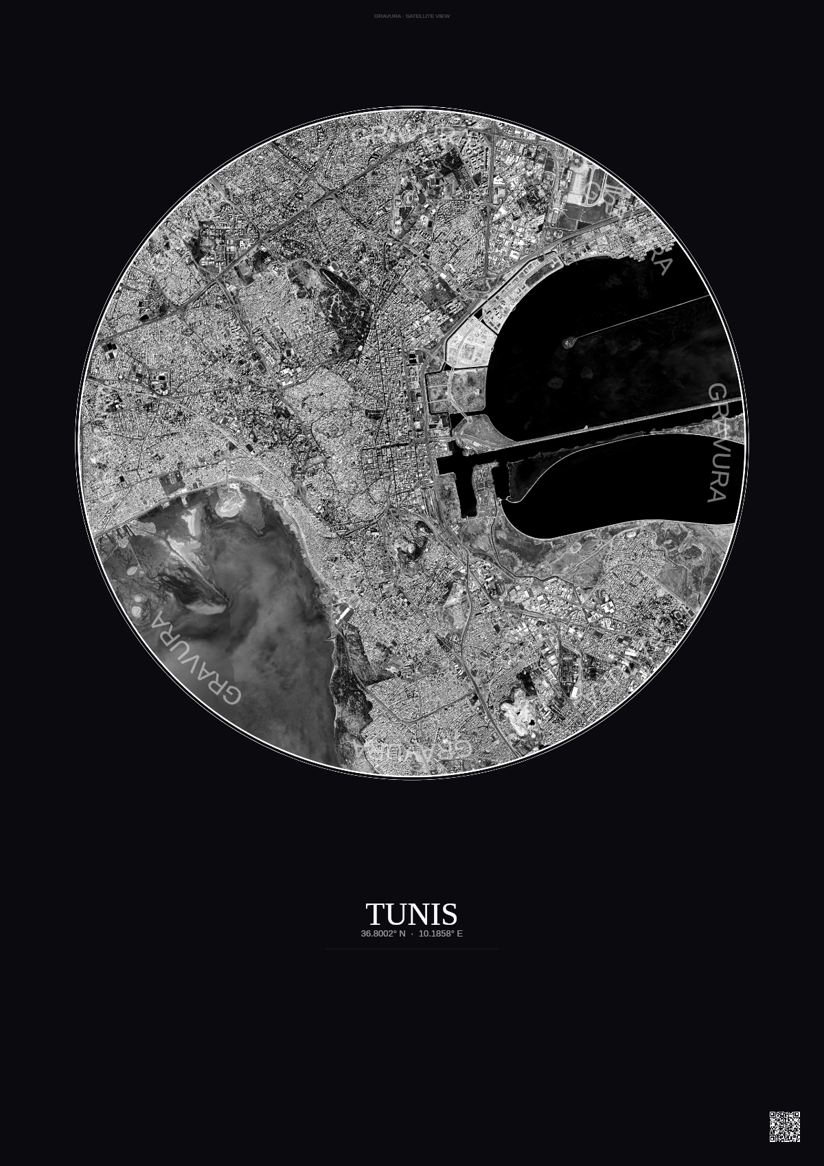 Affiche Tunis – Poster vue satellite | Gravura – Fond foncé