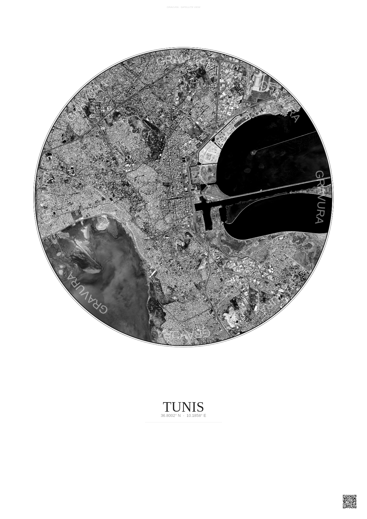 Affiche Tunis – Poster vue satellite | Gravura – Fond clair