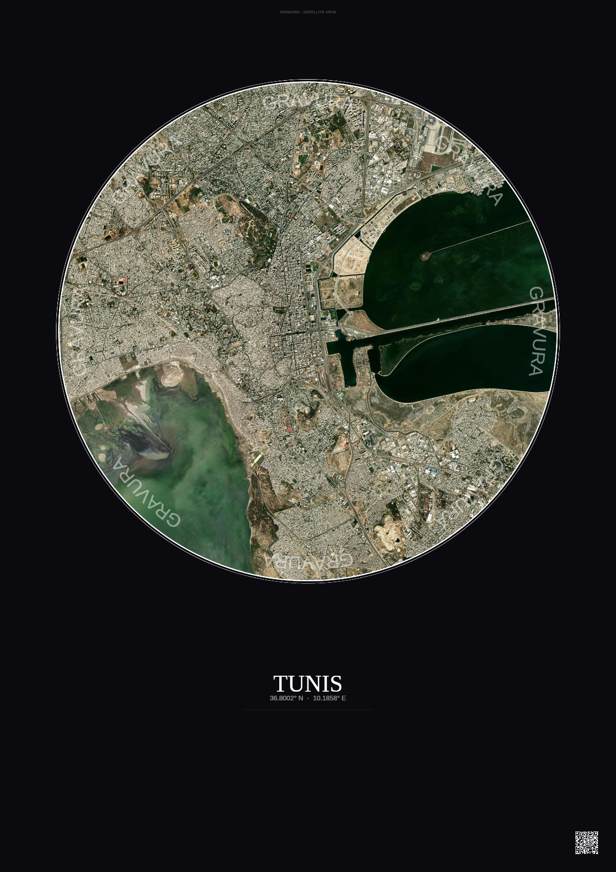 Affiche Tunis – Poster vue satellite | Gravura – Fond foncé