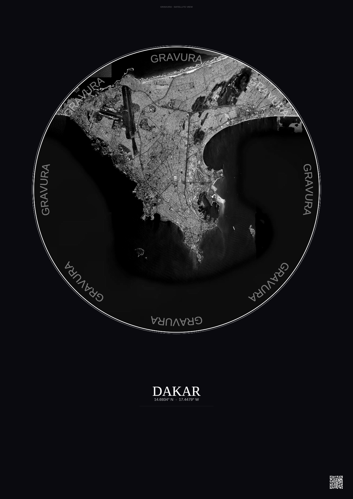 Affiche Dakar – Poster vue satellite | Gravura – Fond foncé