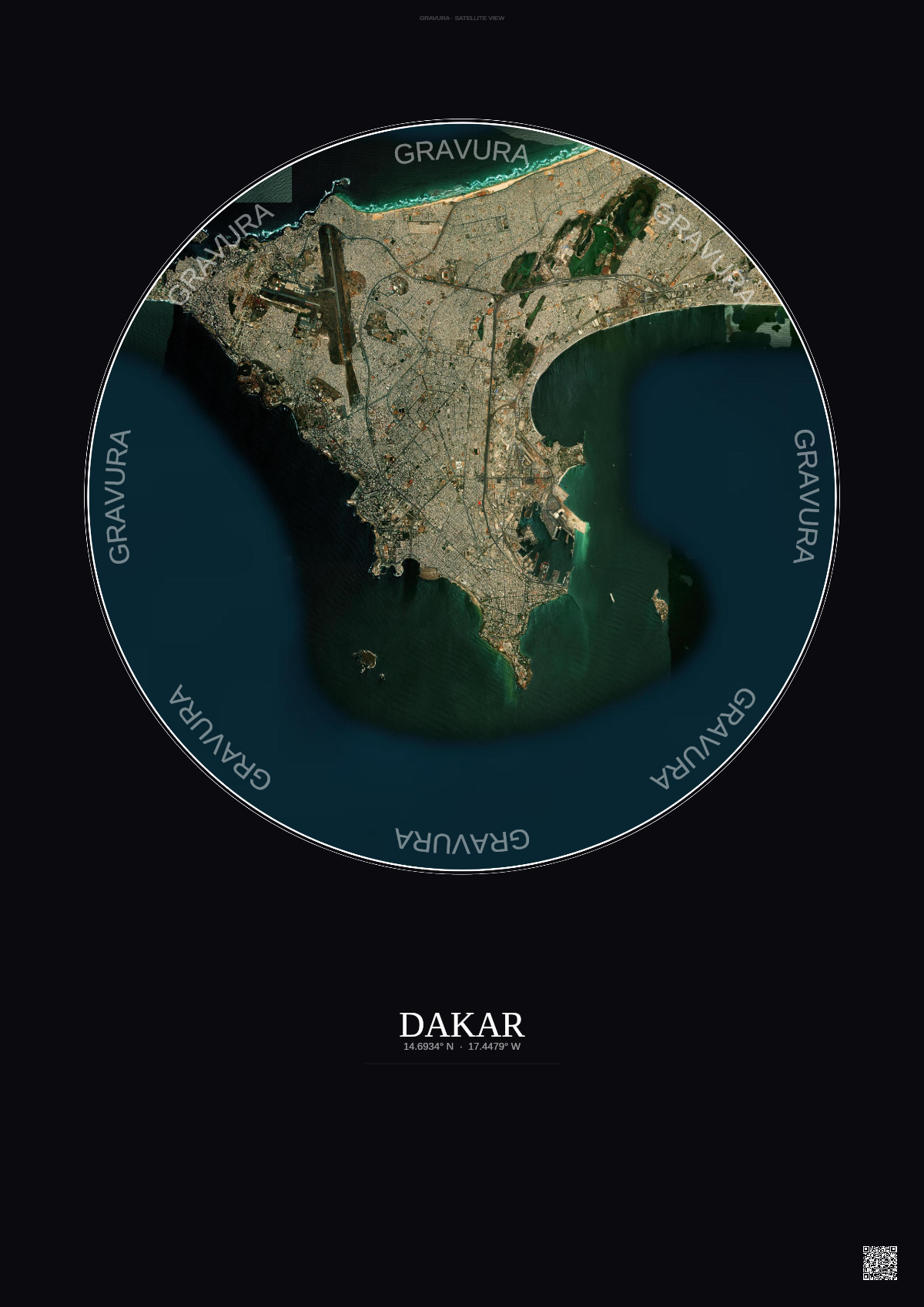 Affiche Dakar – Poster vue satellite | Gravura – Fond foncé