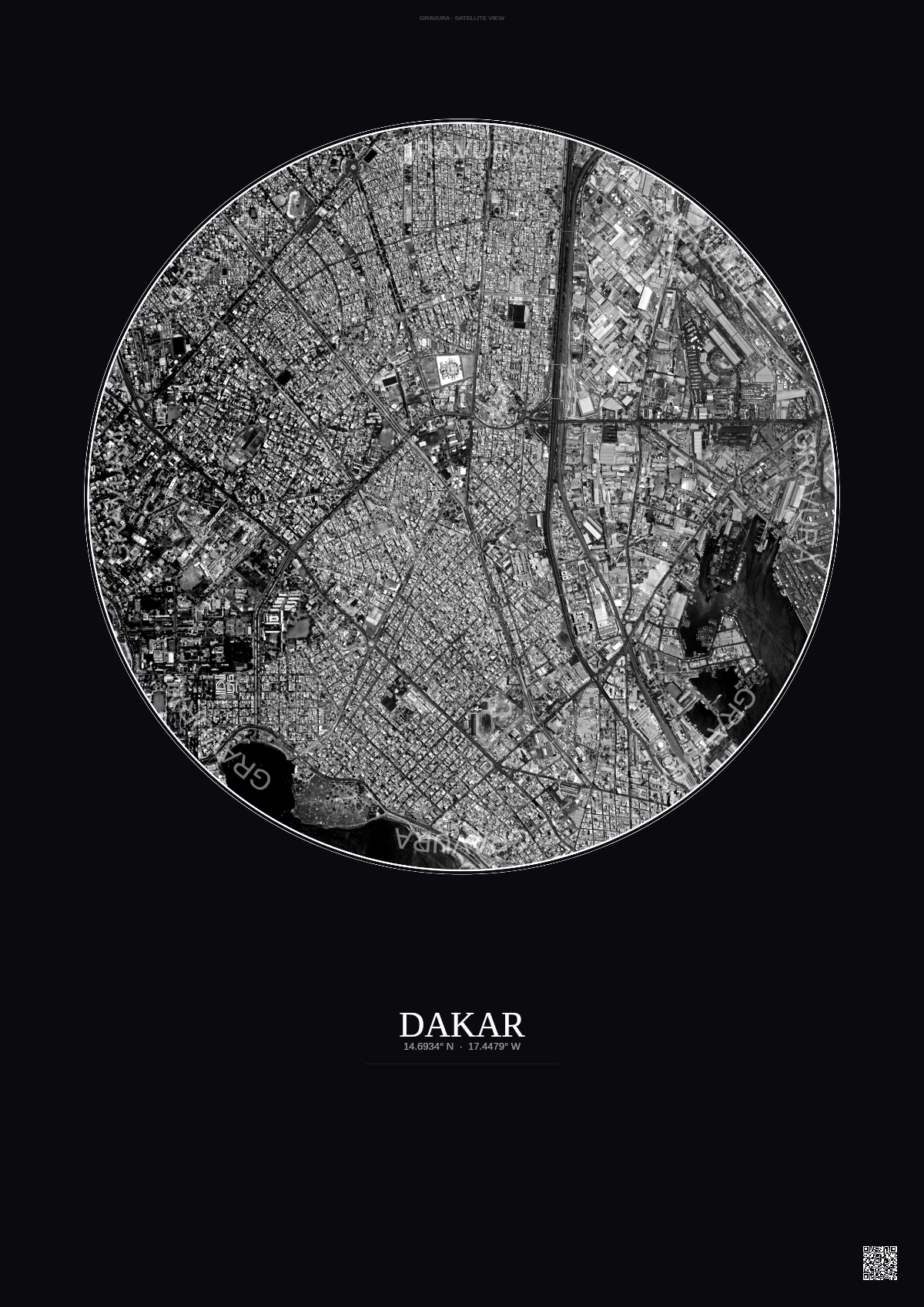 Affiche Dakar – Poster vue satellite | Gravura – Fond foncé