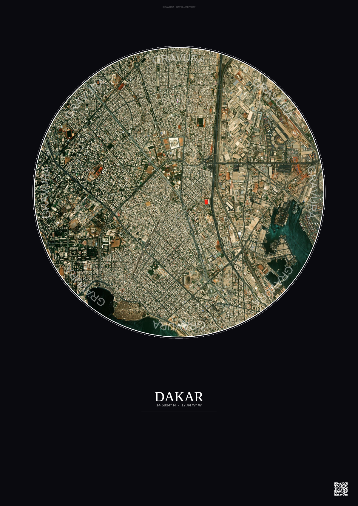 Affiche Dakar – Poster vue satellite | Gravura – Fond foncé