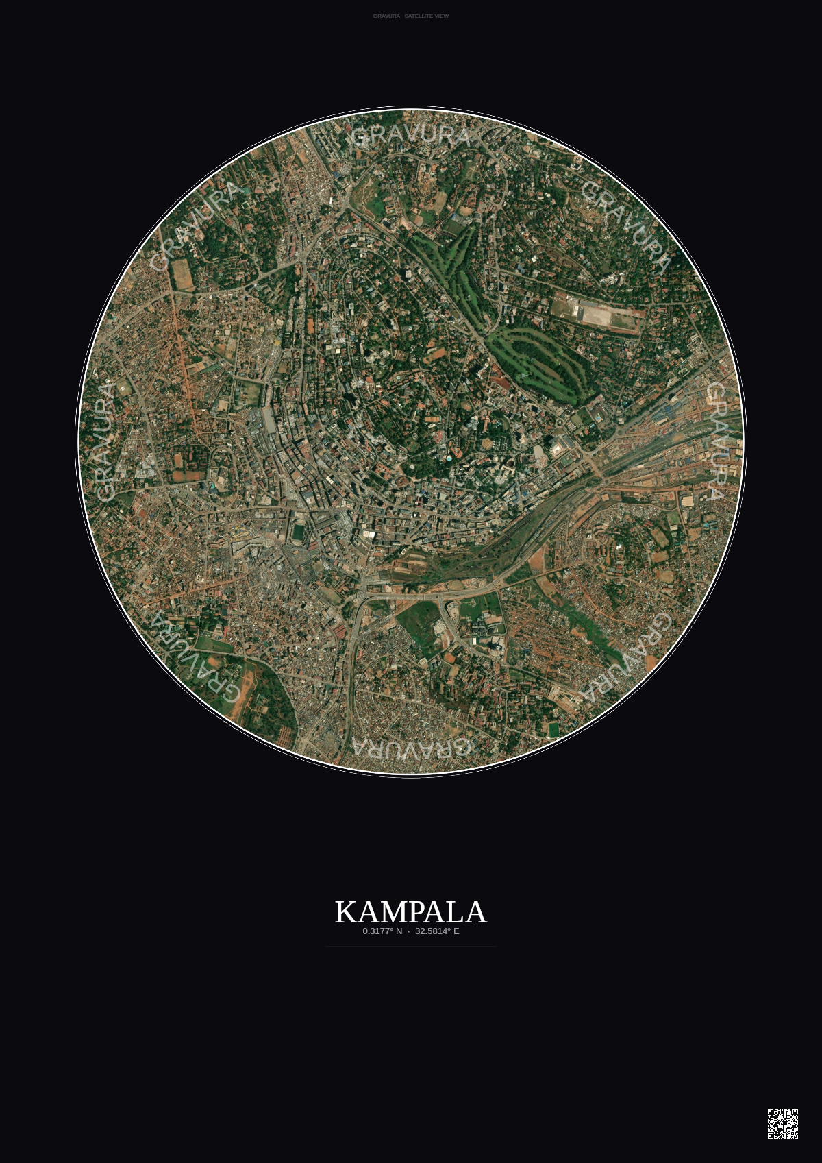 Affiche Kampala – Poster vue satellite | Gravura – Fond foncé