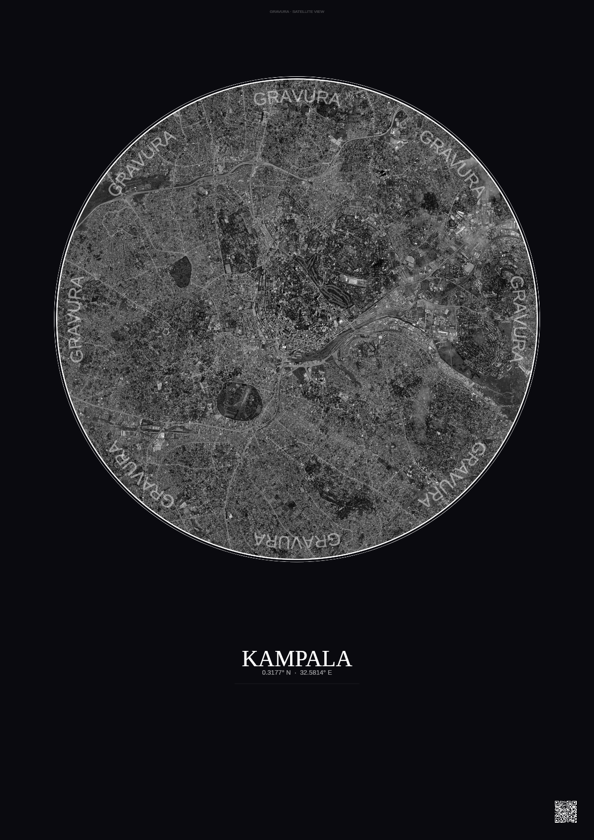 Affiche Kampala – Poster vue satellite | Gravura – Fond foncé