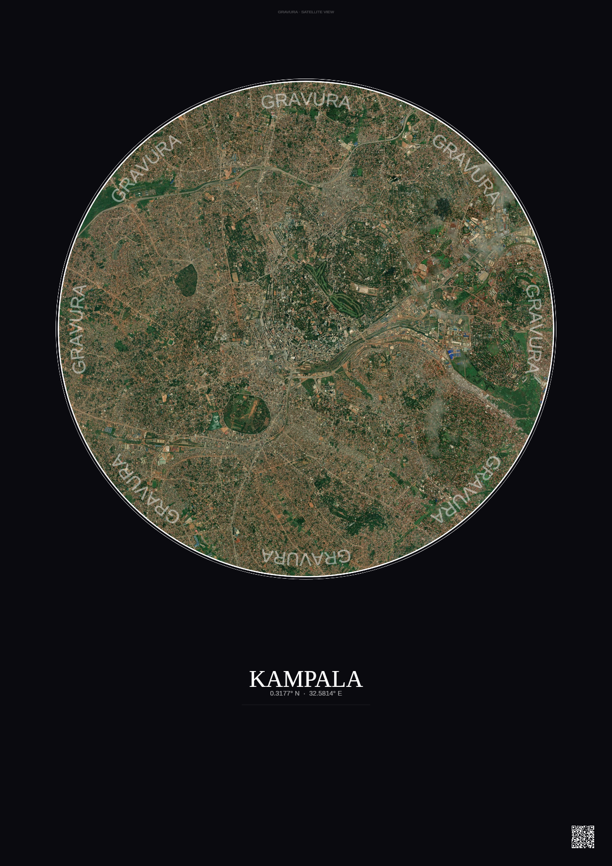 Affiche Kampala – Poster vue satellite | Gravura – Fond foncé