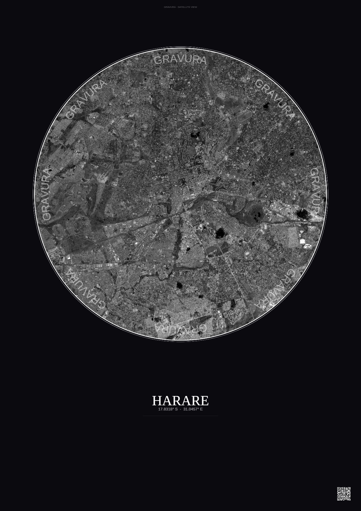 Affiche Harare – Poster vue satellite | Gravura – Fond foncé