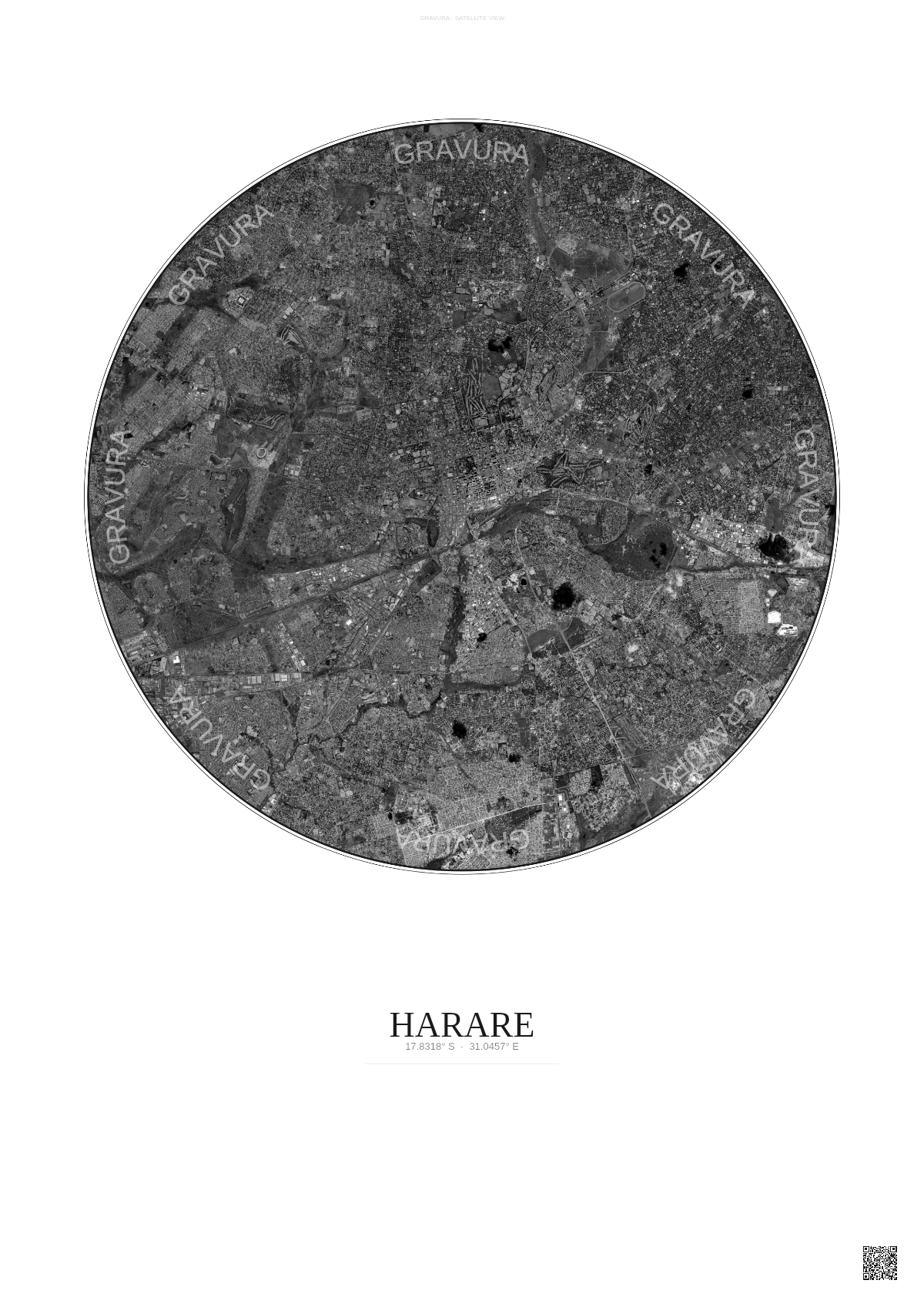 Affiche Harare – Poster vue satellite | Gravura – Fond clair