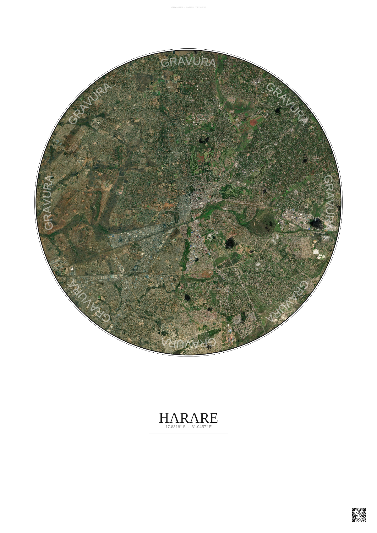 Affiche Harare – Poster vue satellite | Gravura – Fond clair