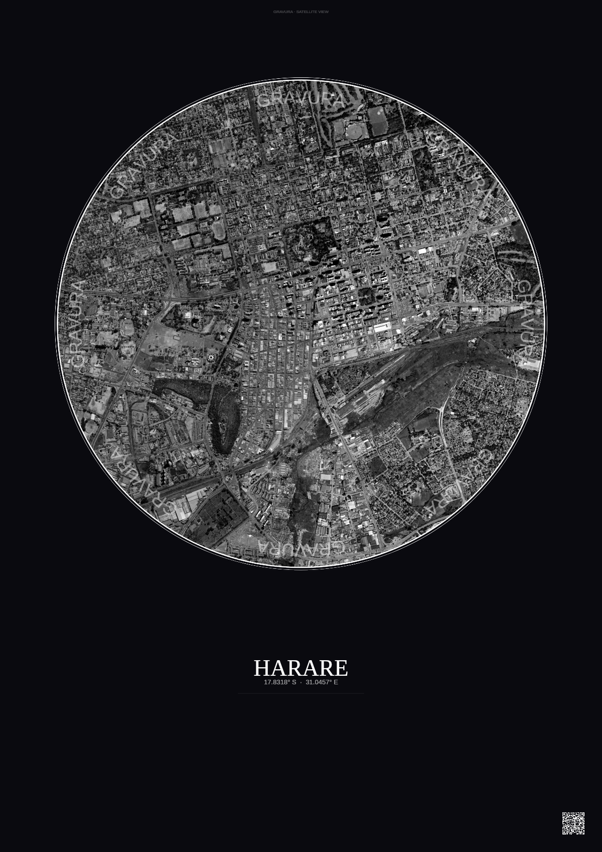 Affiche Harare – Poster vue satellite | Gravura – Fond foncé