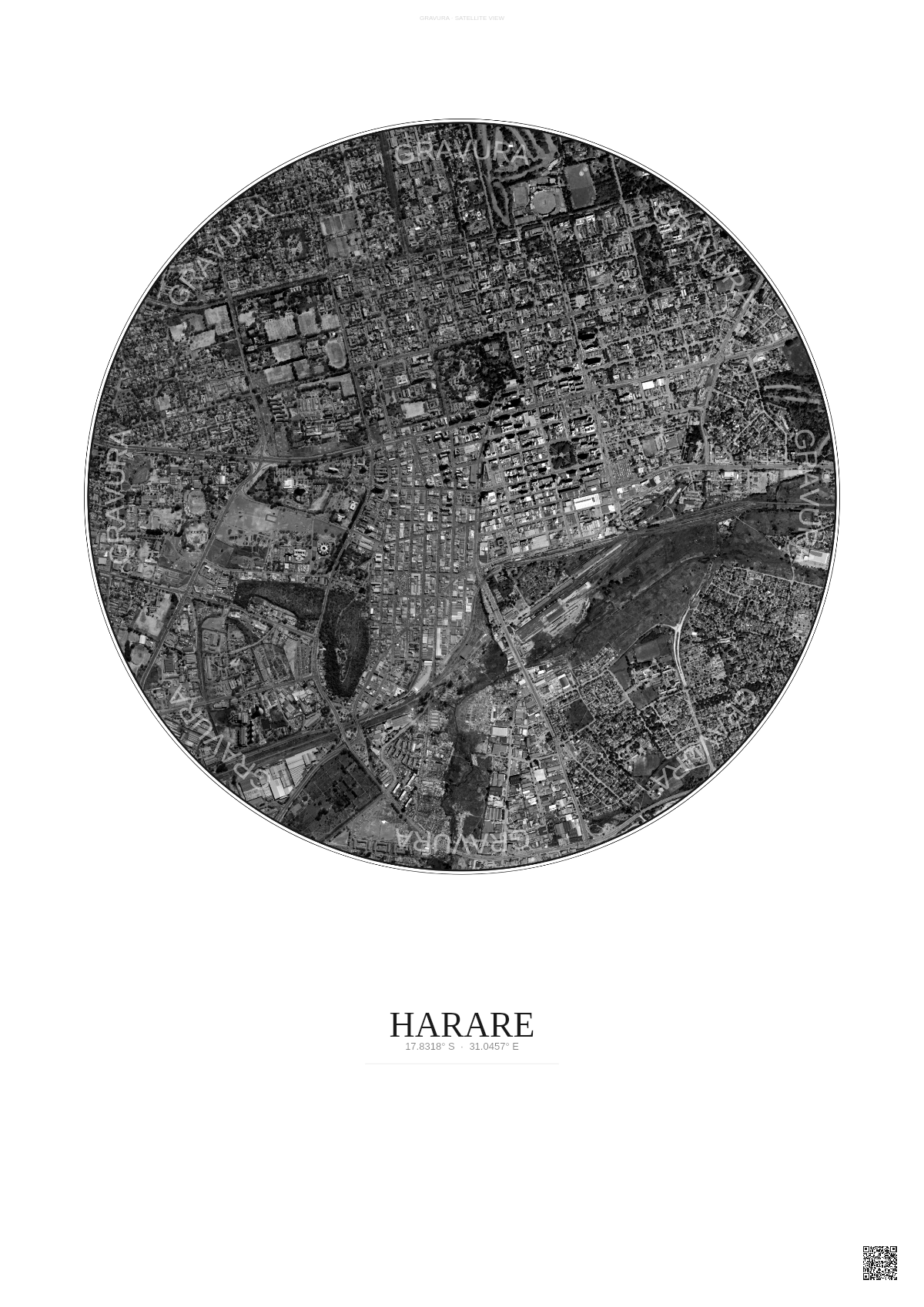 Affiche Harare – Poster vue satellite | Gravura – Fond clair