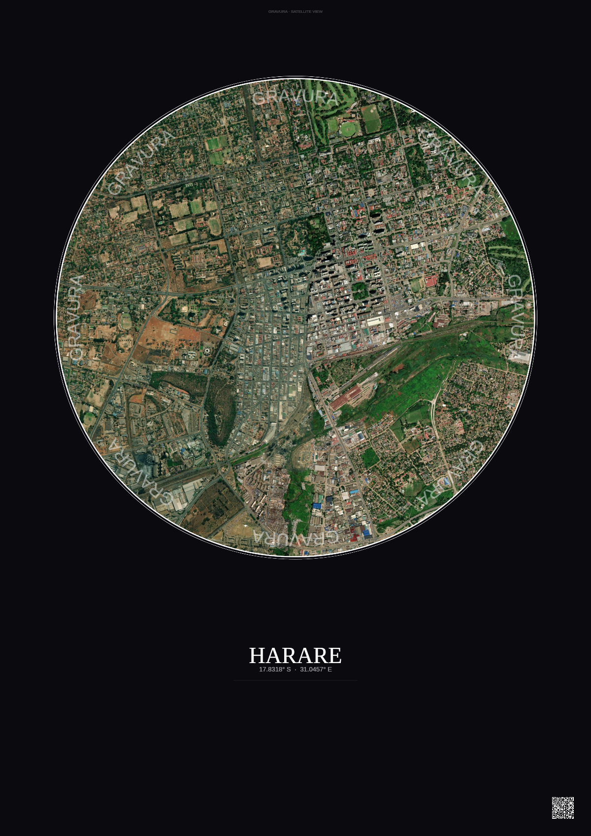 Affiche Harare – Poster vue satellite | Gravura – Fond foncé