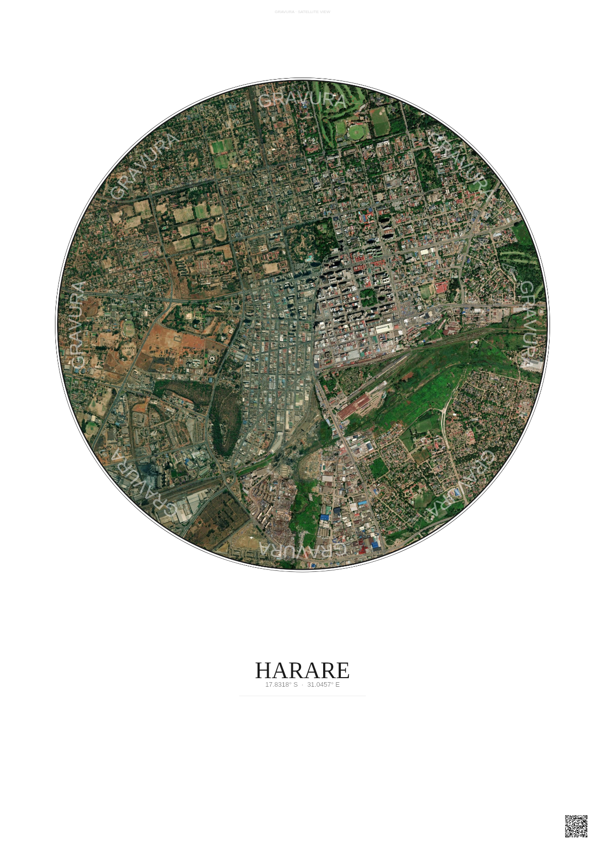 Affiche Harare – Poster vue satellite | Gravura – Fond clair
