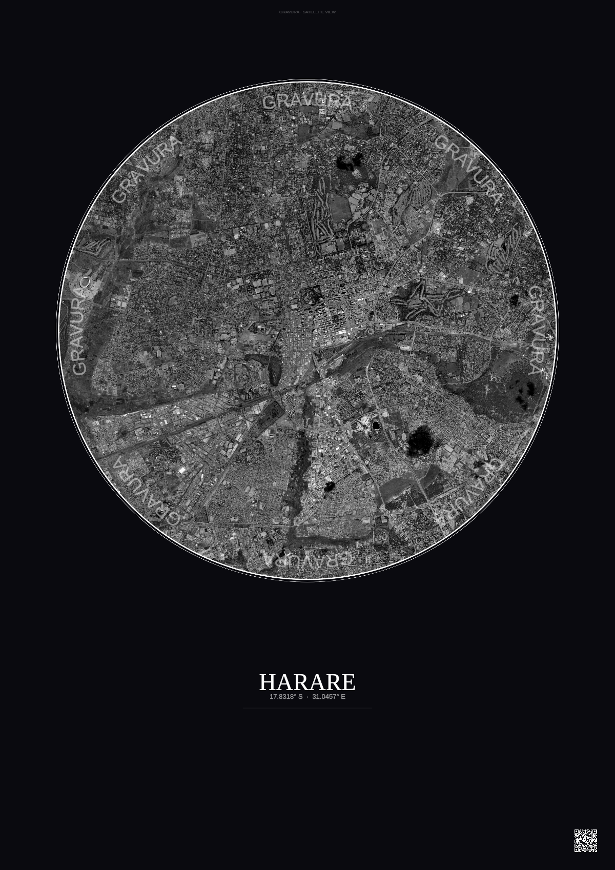 Affiche Harare – Poster vue satellite | Gravura – Fond foncé